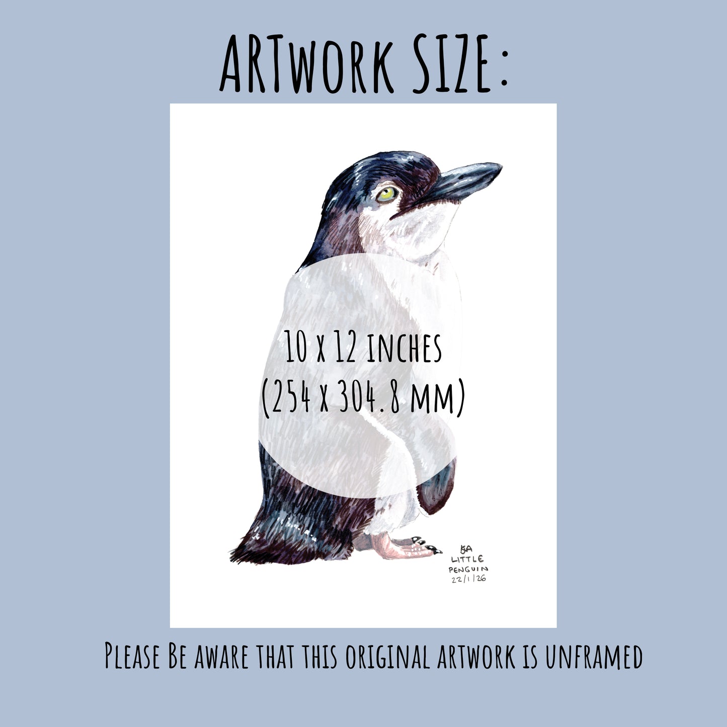 Artwork of a Little Penguin with dimensions 10 x 12 inches on a light blue background.