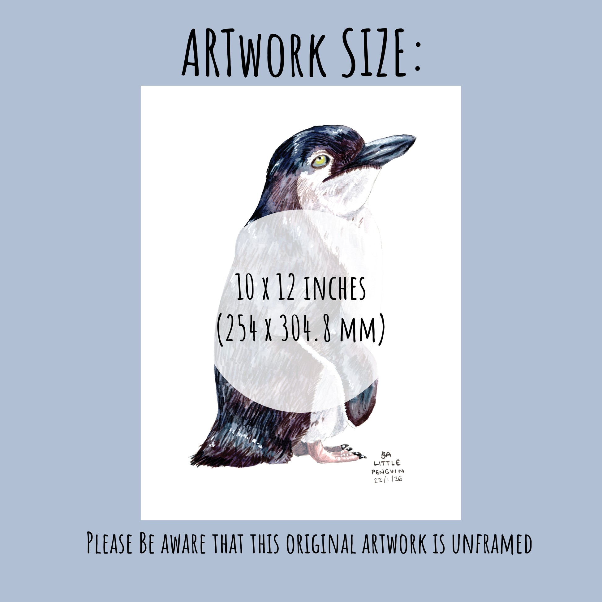Artwork of a Little Penguin with dimensions 10 x 12 inches on a light blue background.