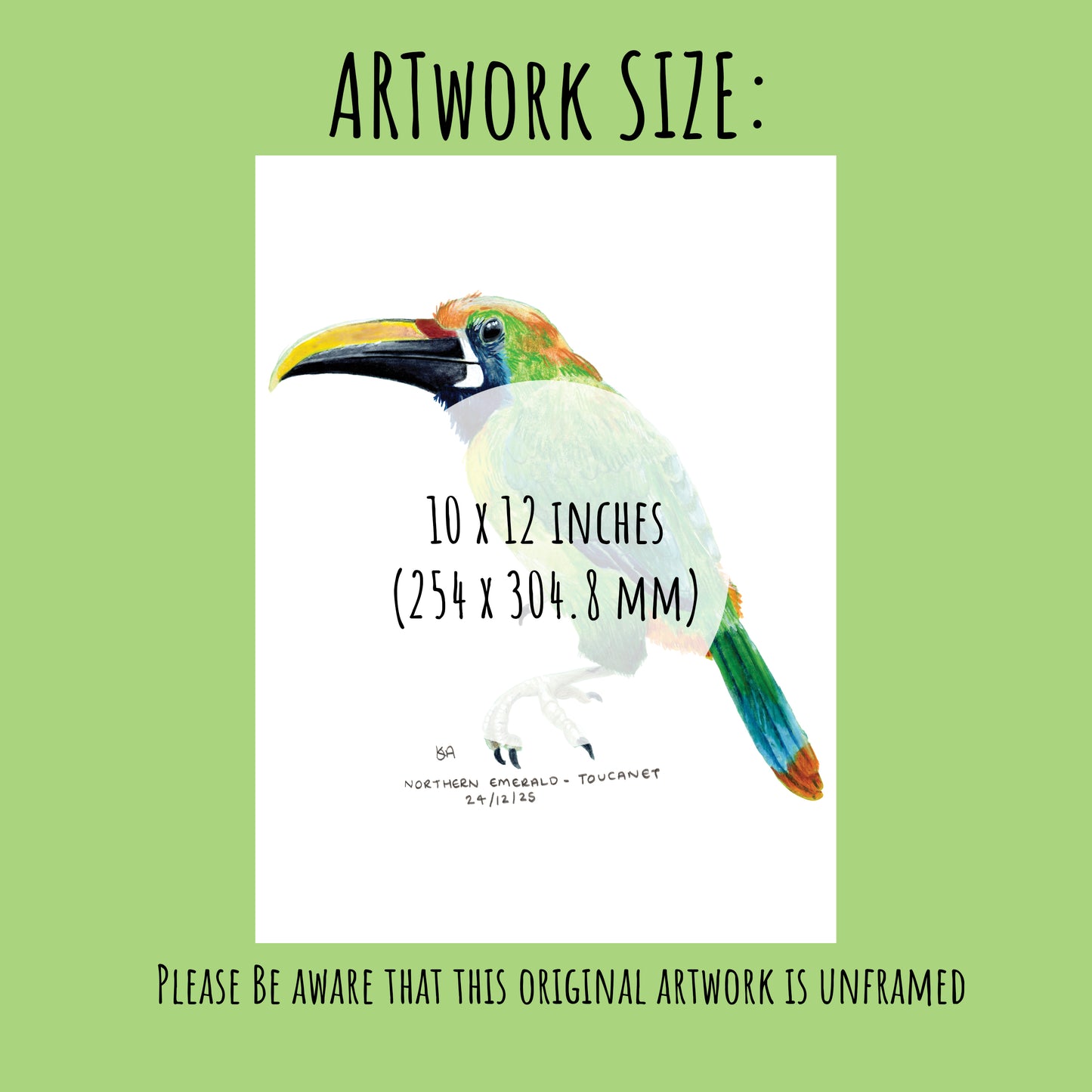 Showing the size of the Northern Emerald toucanet painting 10 x 12 inches.