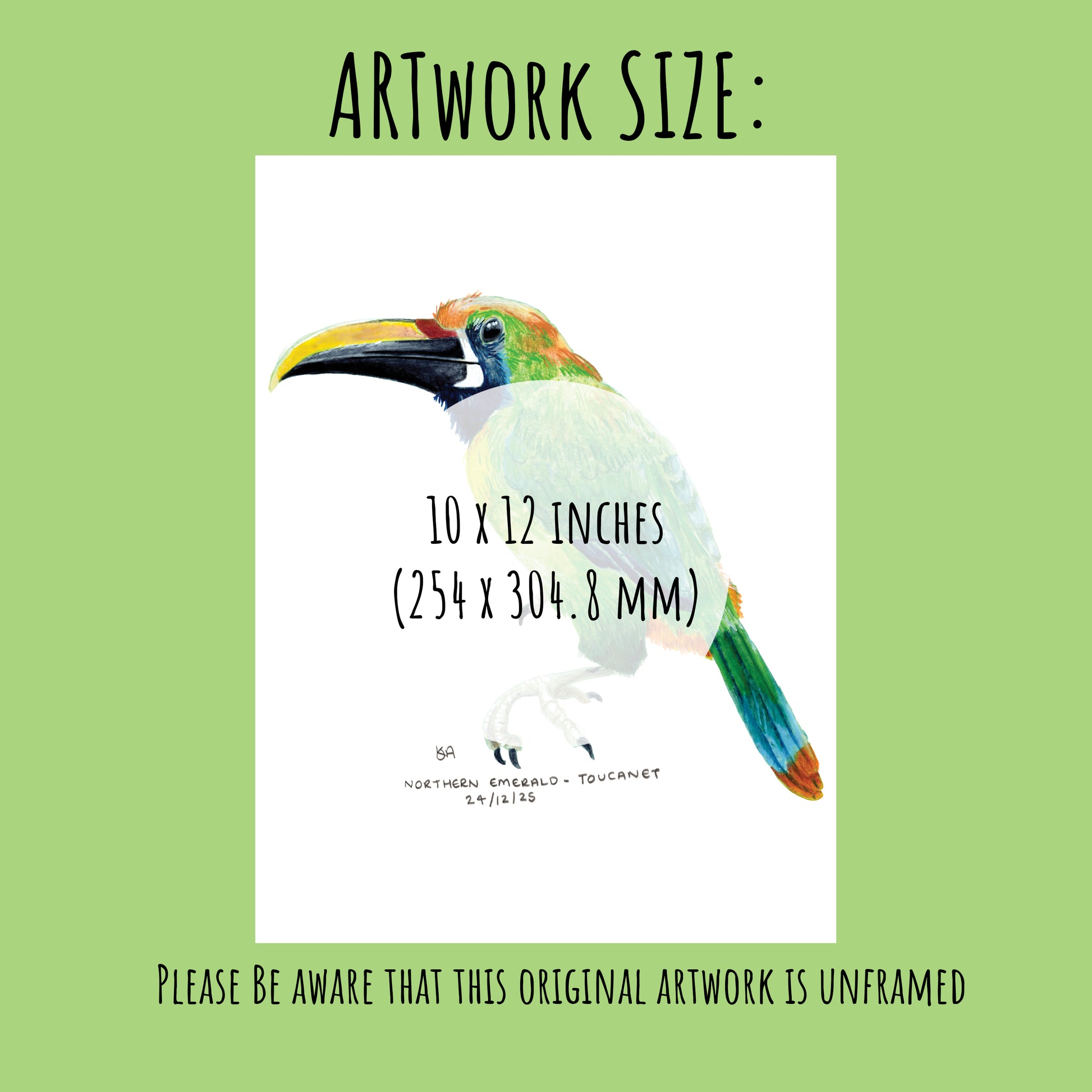 Showing the size of the Northern Emerald toucanet painting 10 x 12 inches.