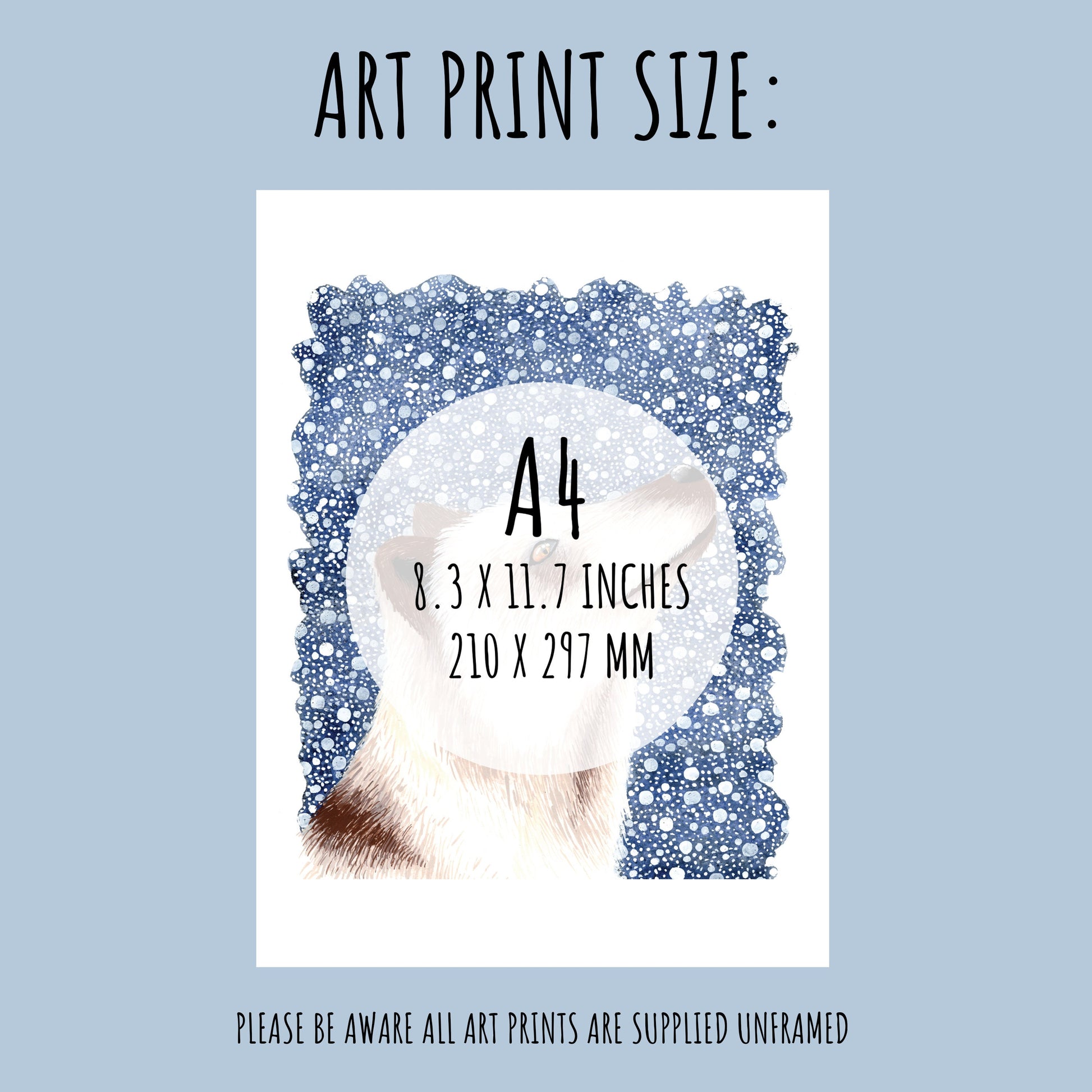 An mage showing the size of the Arctic fox art print. A4 (210 x 297mm)