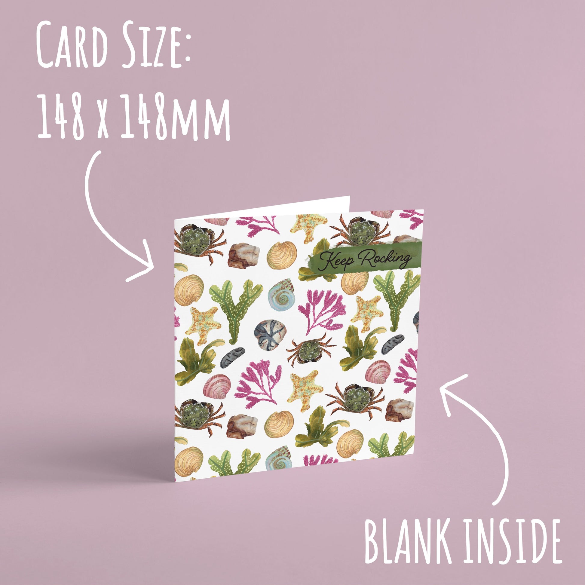 Beach Combing Birthday Card standing up right on a pale purple background with the text card size: 148 x 148 mm and blank inside.