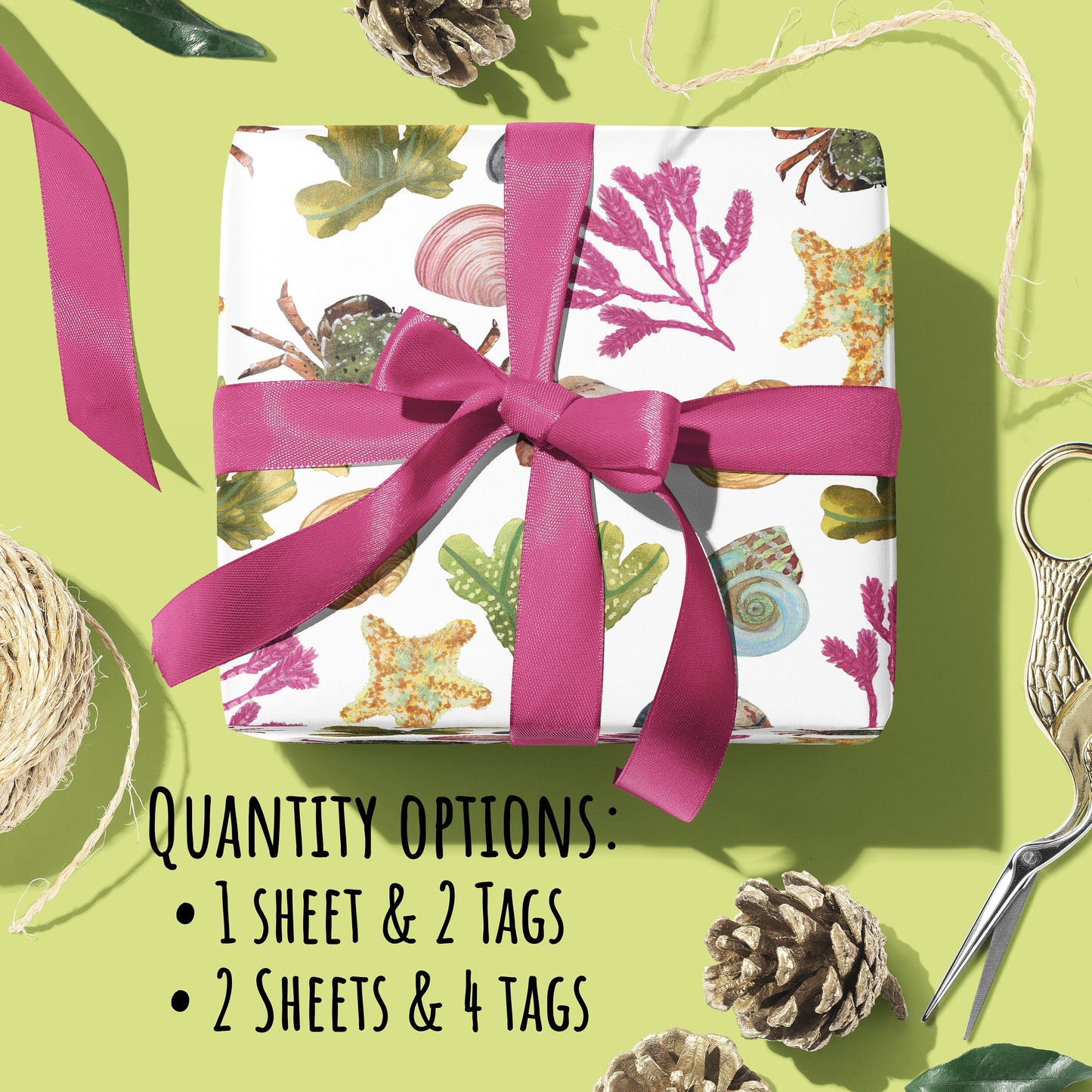 A present wrapped in the Beach Combing Birthday Wrapping Paper with a pink silk ribbon bow. on a green surface with the text quantity options: 1 sheet & 2 tags or 2 sheets and 4 tags.