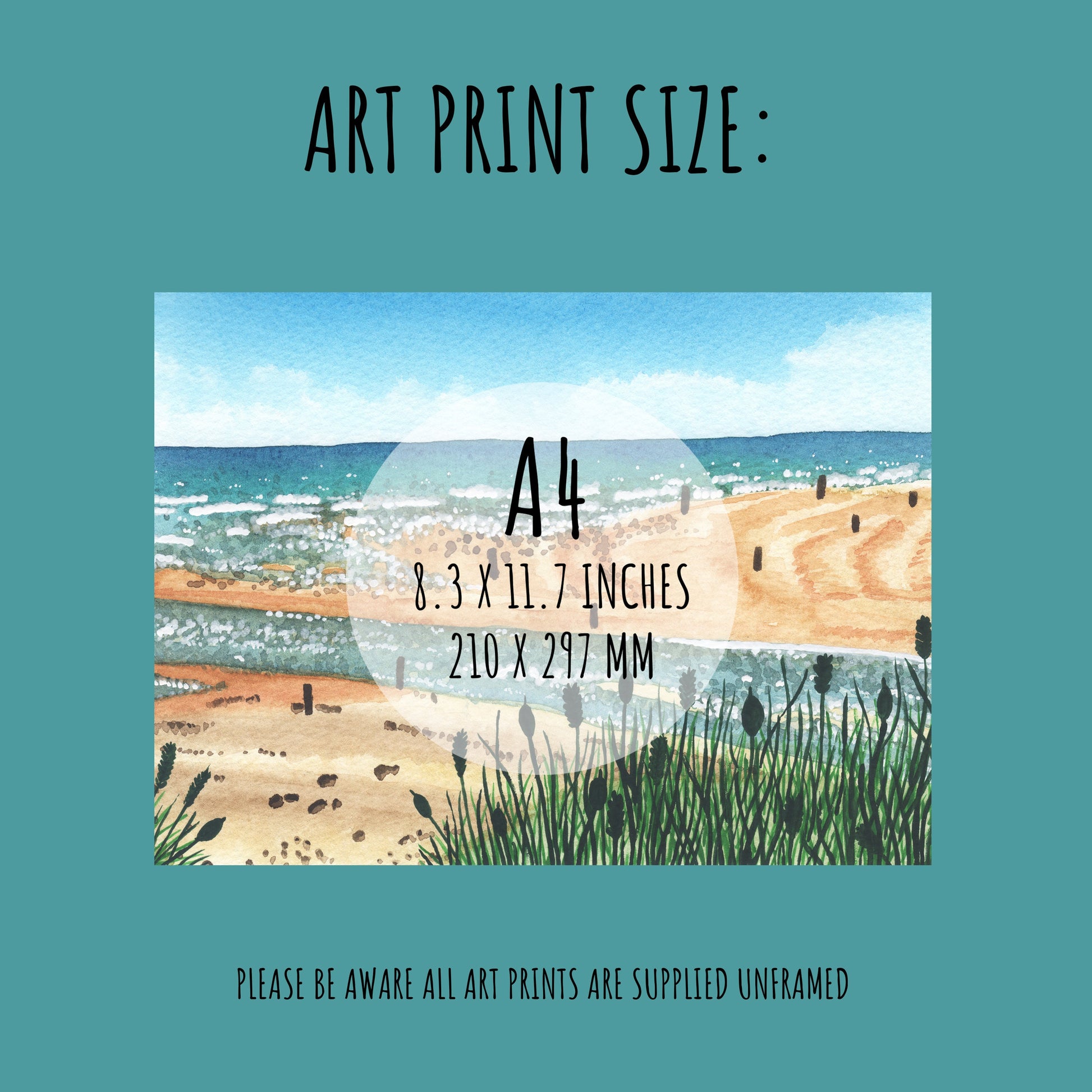 showing the size of Beadnell Bay Art Print. A4 (210 x 297 mm)