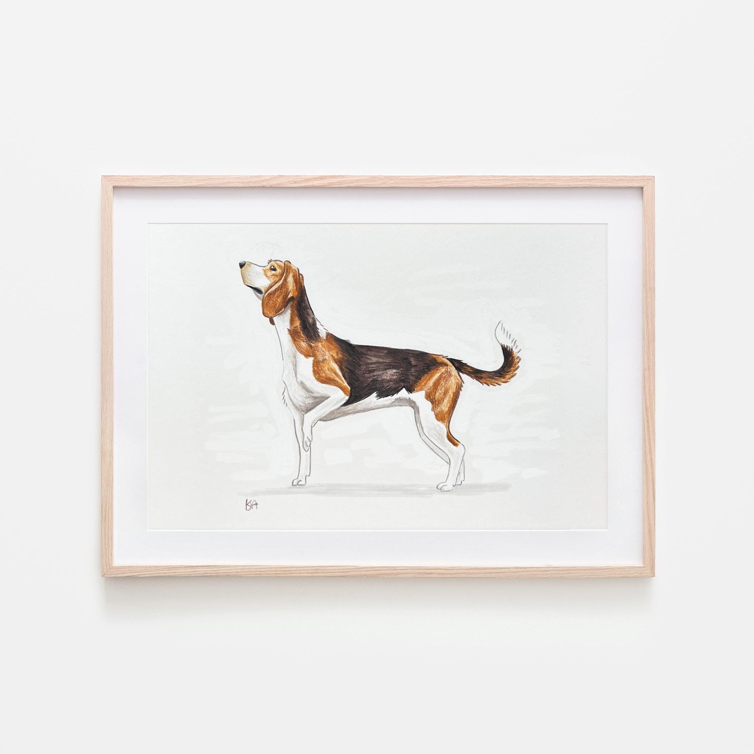 A hand-drawn and hand-painted illustration of a Beagle dog in a standing position, sniffing the air with one paw off the ground, framed in a simple wooden frame.