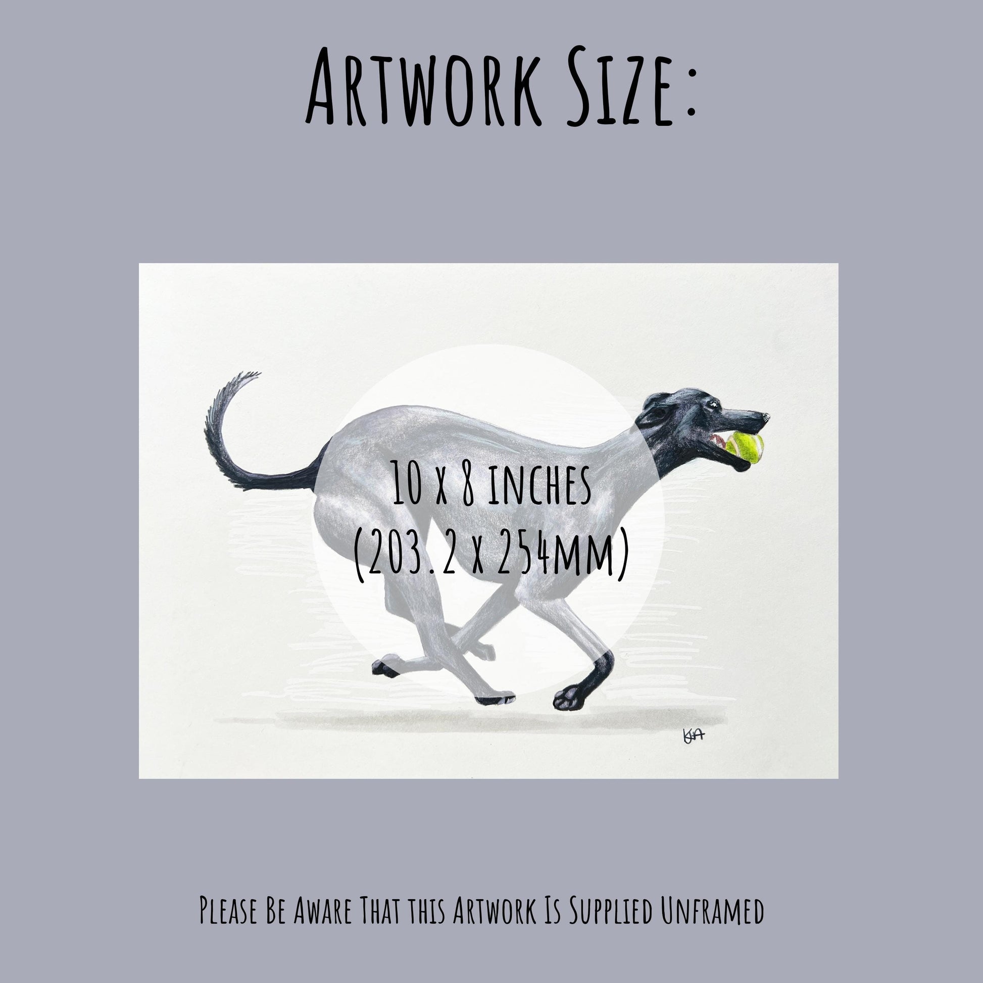 An image showing the size of the black whippet dog artwork 10 x 8 inches  (203.2 x 254 mm)
