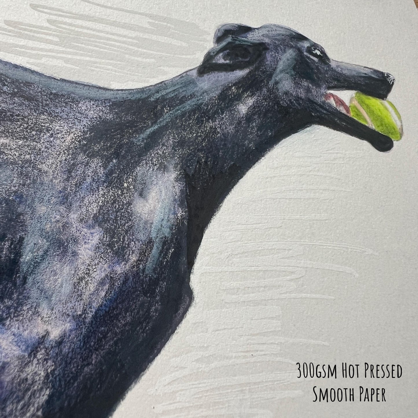 Close-up of whippet art with ink and watercolour details