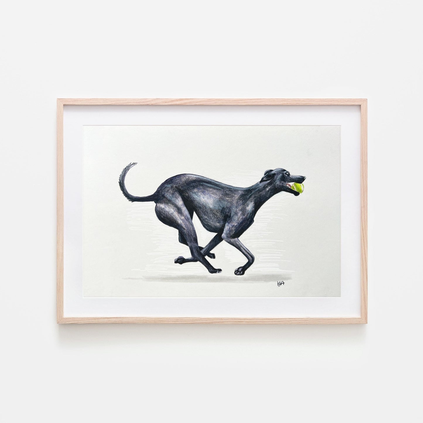 Black whippet dog running artwork in mixed media