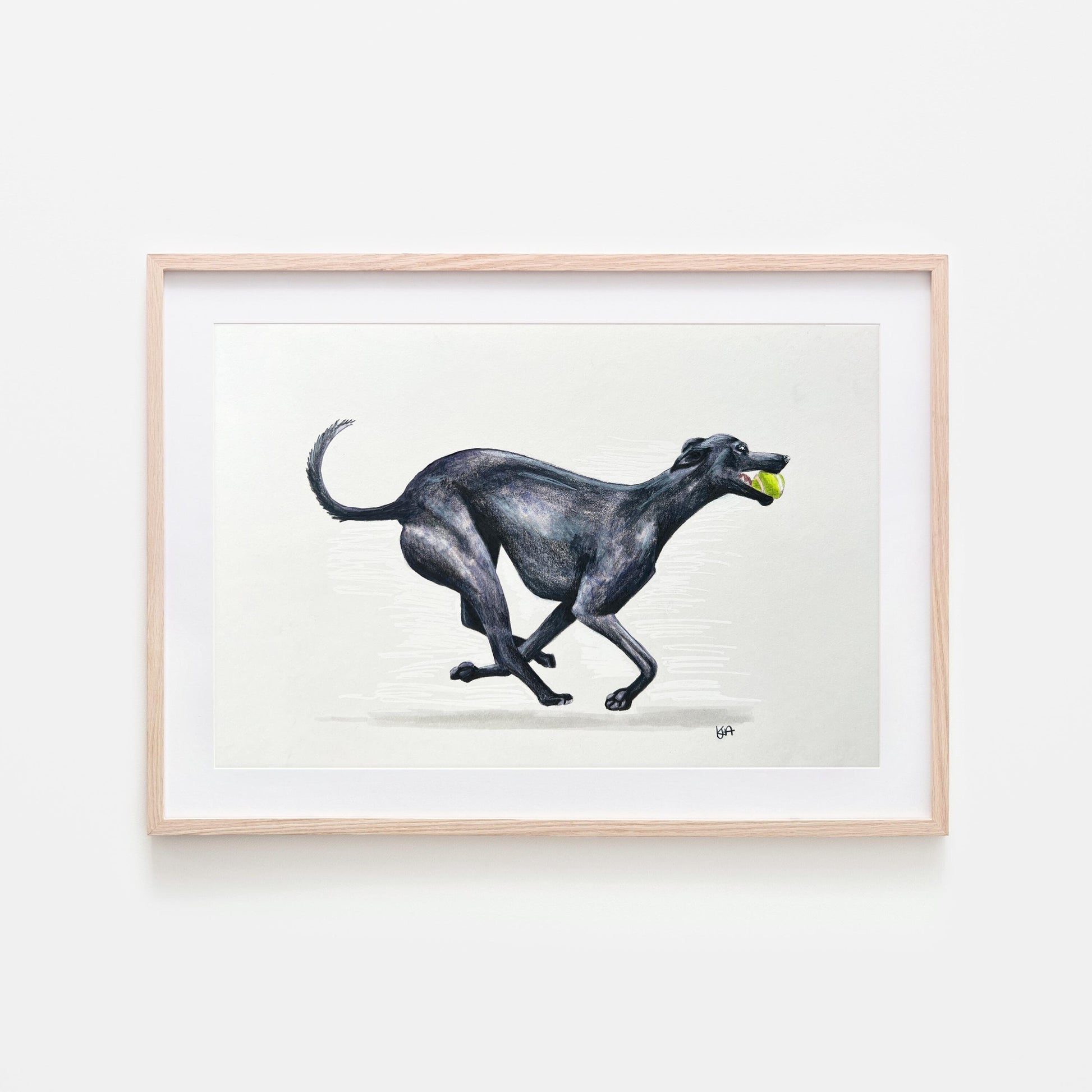 Black whippet dog running artwork in mixed media