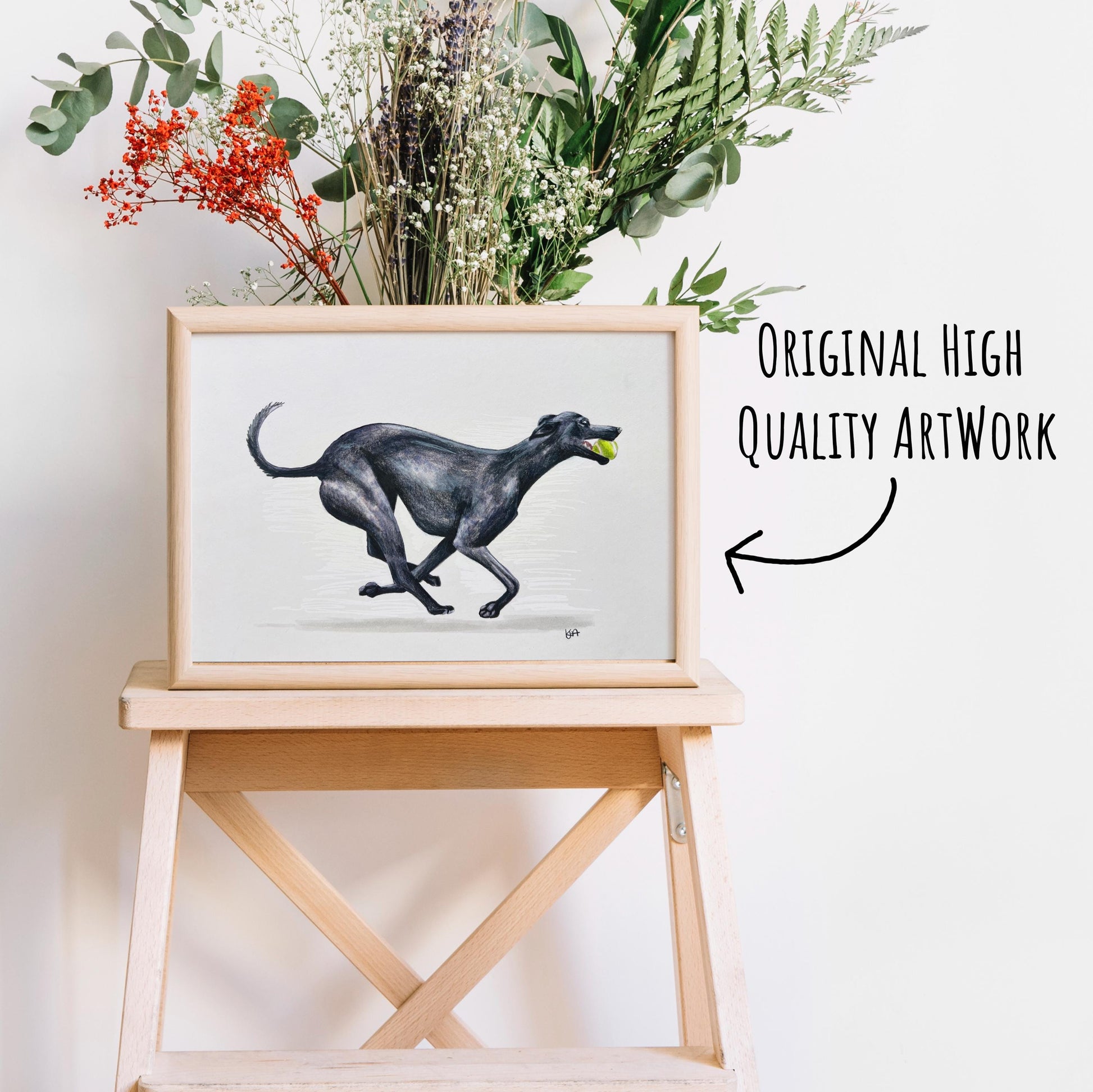Unframed black whippet artwork with textured brush strokes