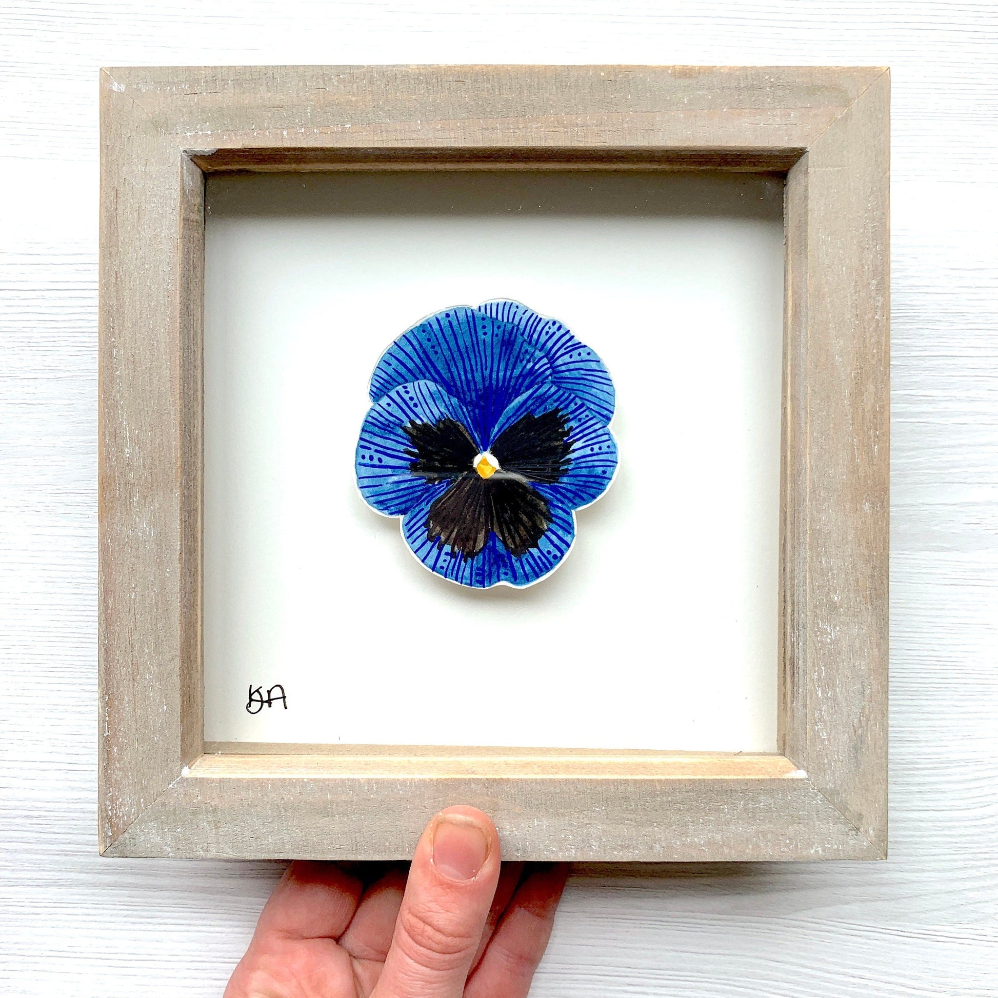 Blue and black pansy flower painting in a rustic wood box 7 x 7 inches frame.