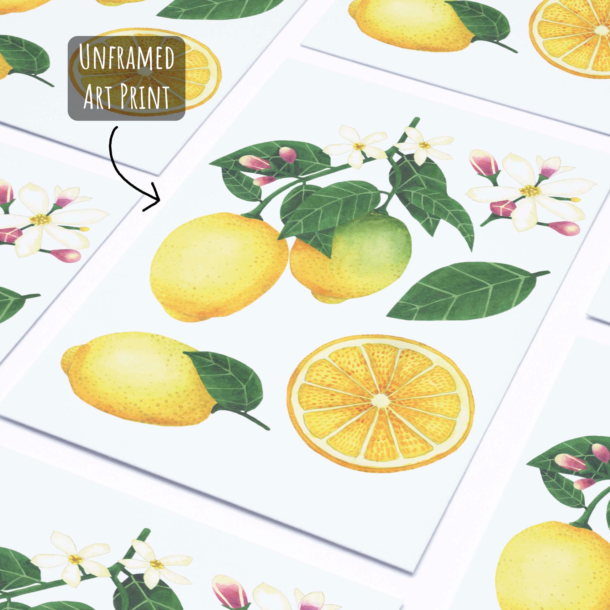Botanical Lemon Art Print laying flat on a white surface.