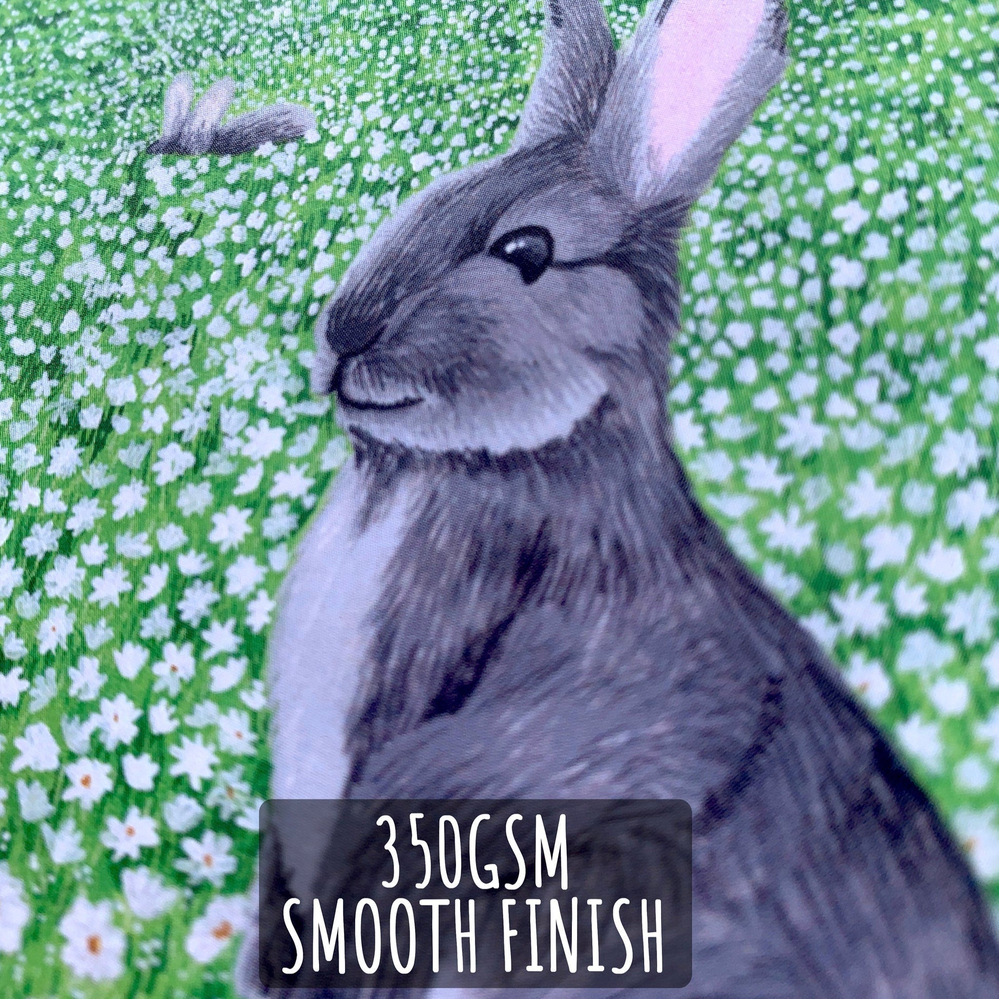 Daisy Meadow Rabbit Birthday Card close up showing the details and textures of the illustration and paper stock. with the text 350gsm smooth finish.