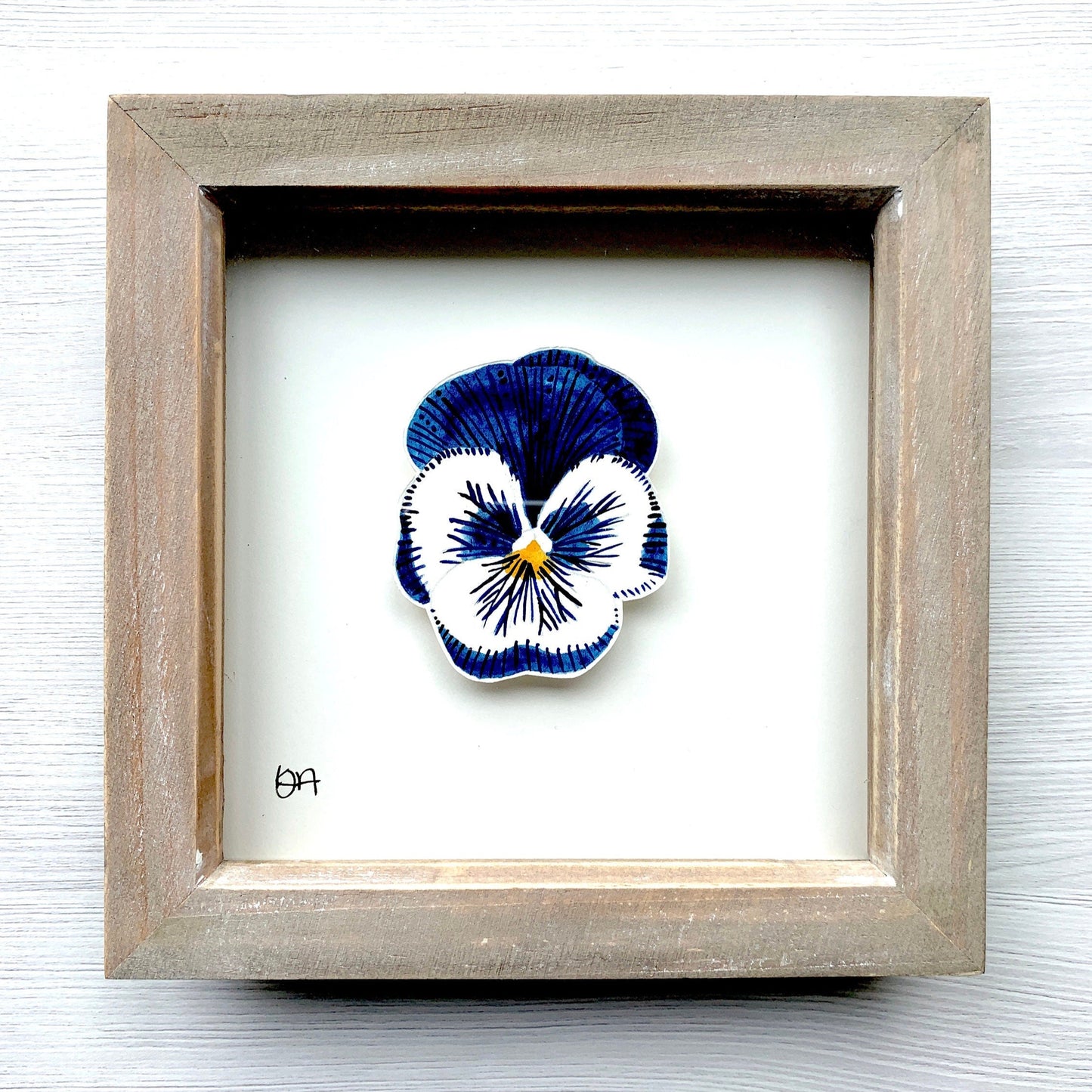 Framed artwork of a blue and white pansy on a white background