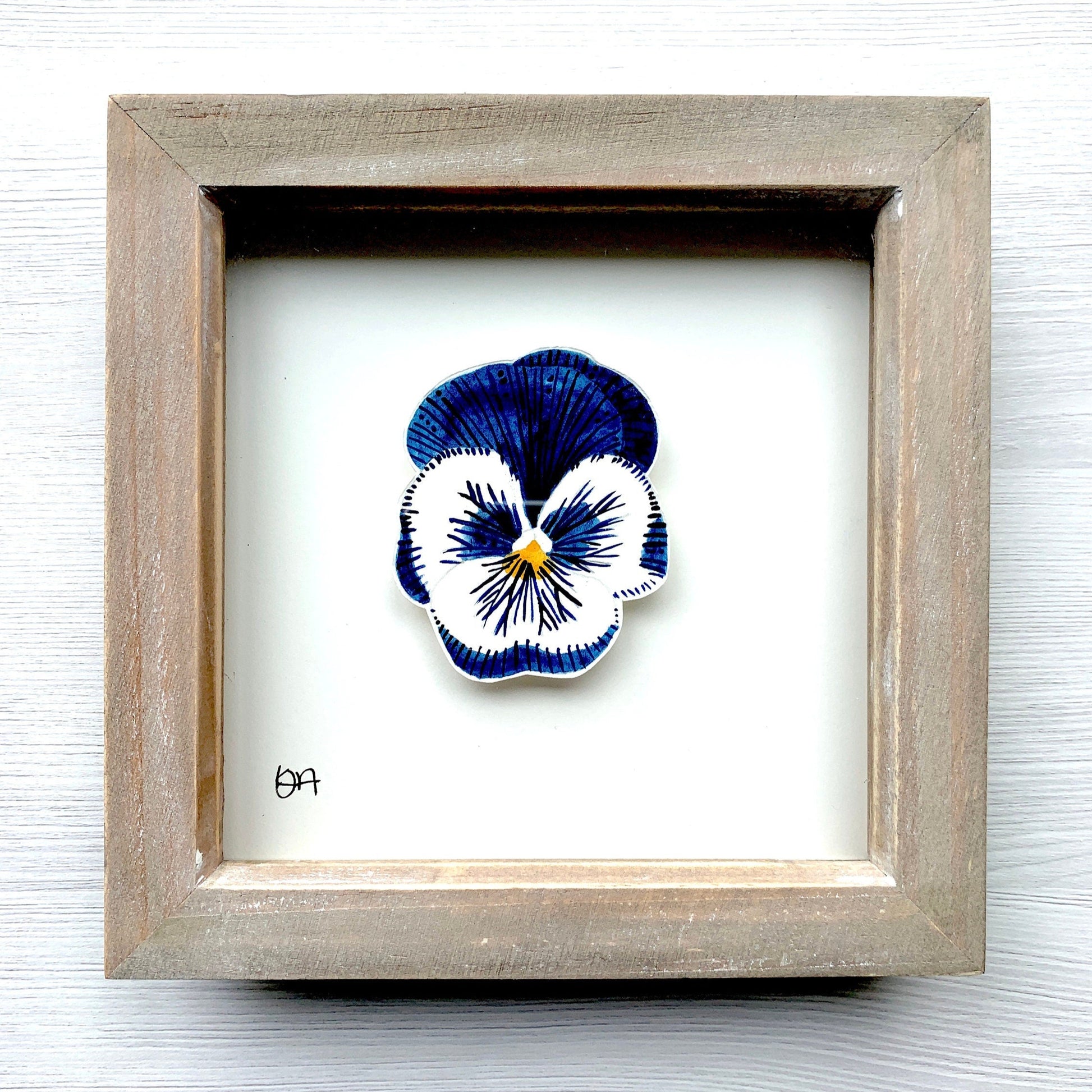 Framed artwork of a blue and white pansy on a white background