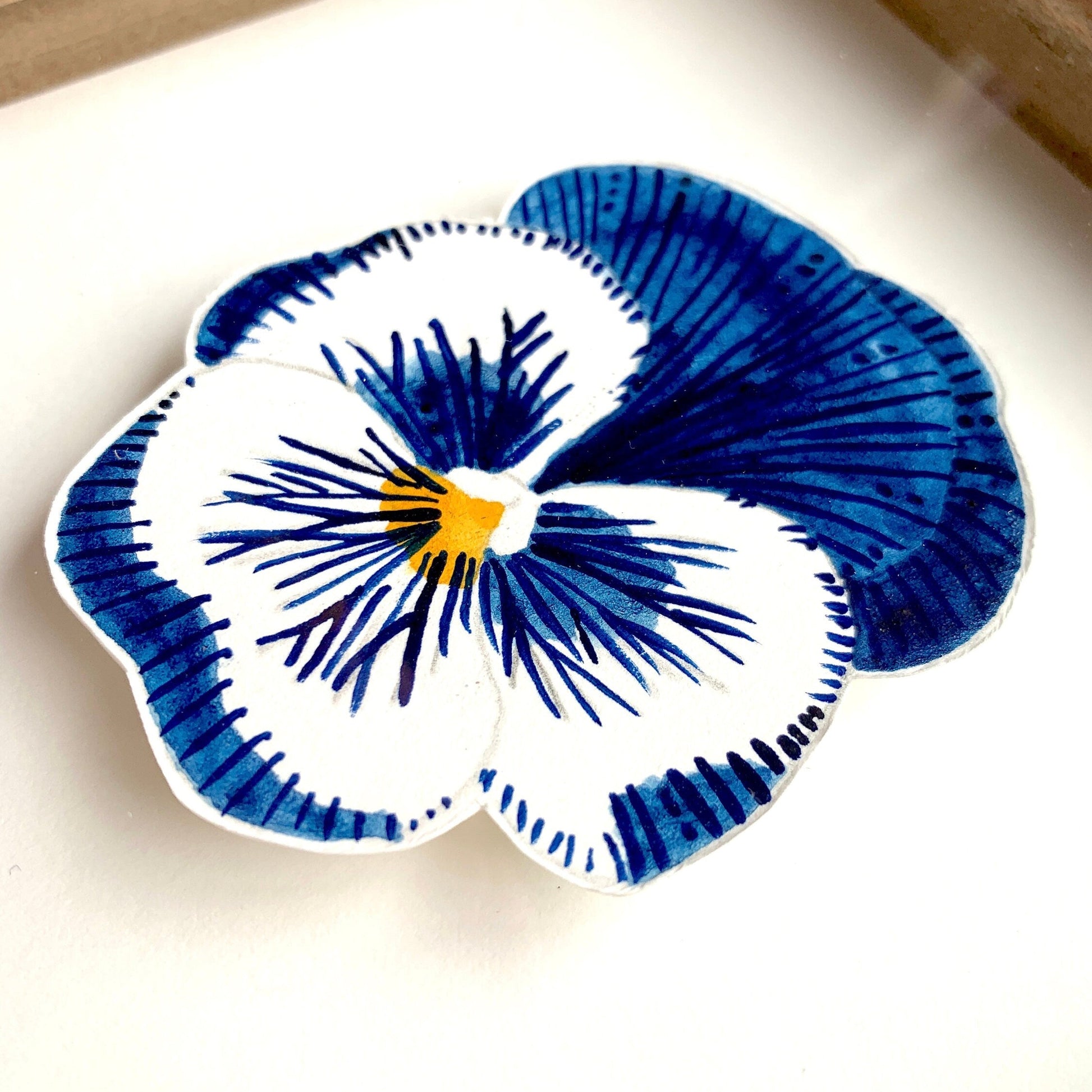 Blue and white pansy flower artwork close up on a white paper backgoround