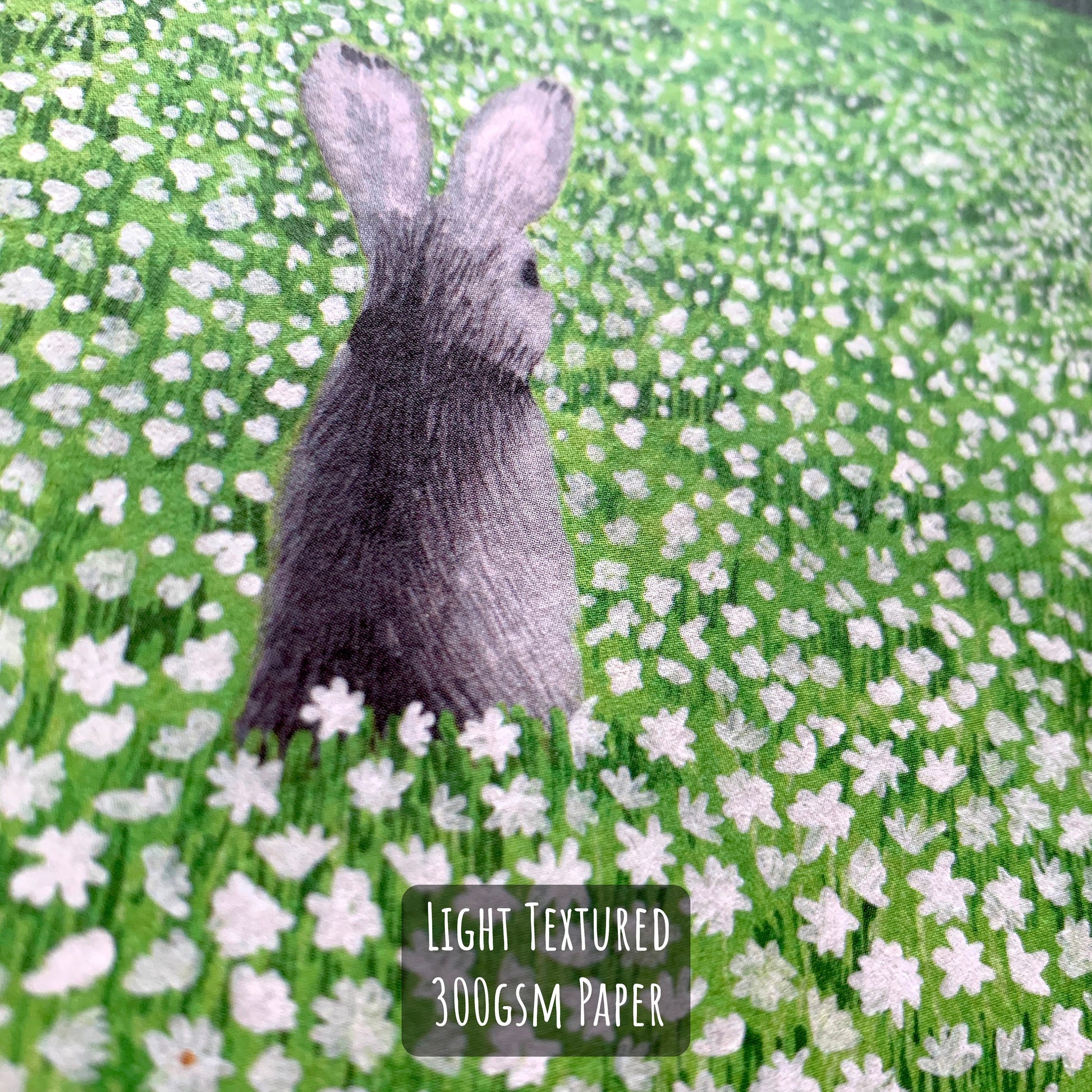 Floral Rabbit Art Print close up . showing the details and textures of the illustration and paper stock.