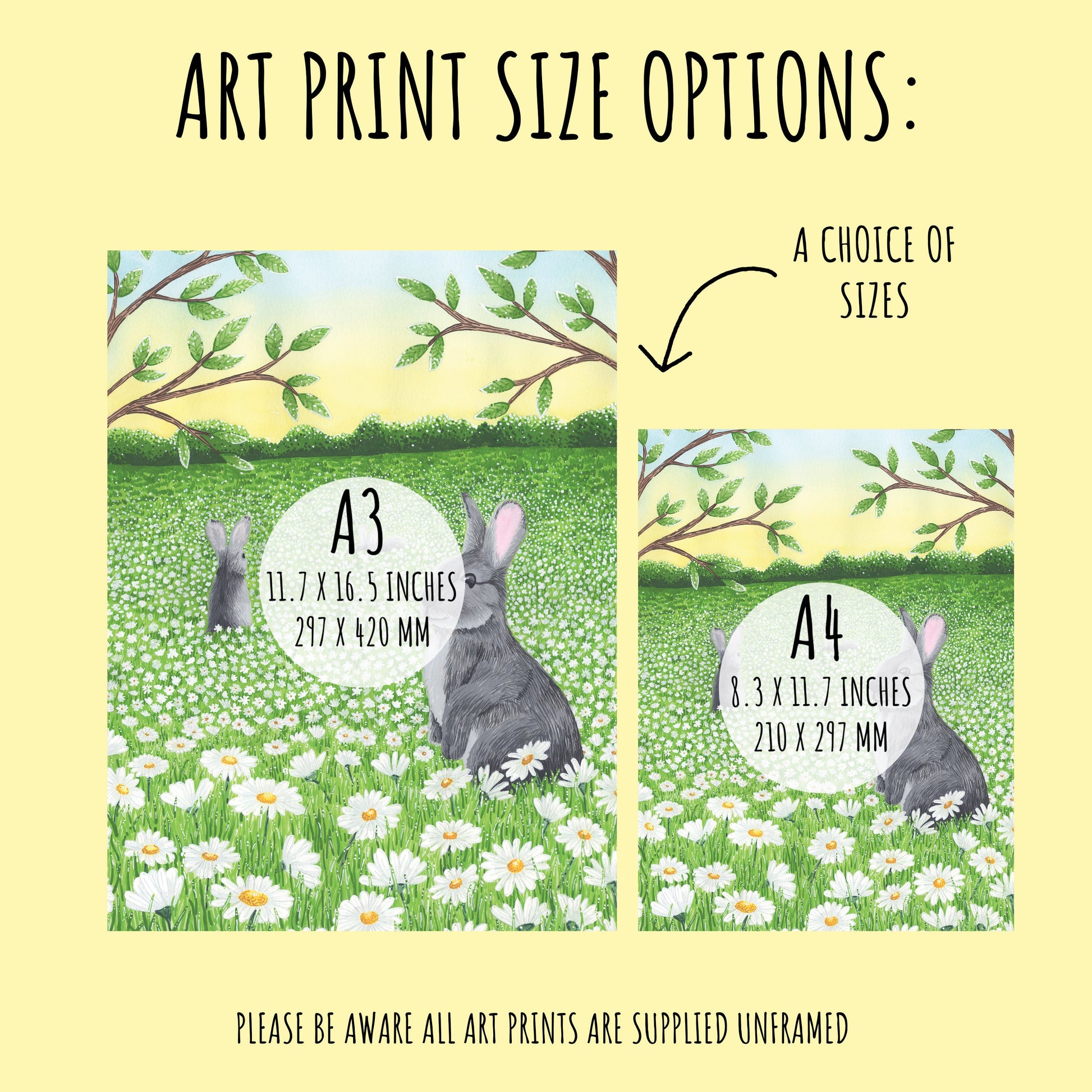 showing the sizes available for the Floral Rabbit Art Print. A4 & A3
