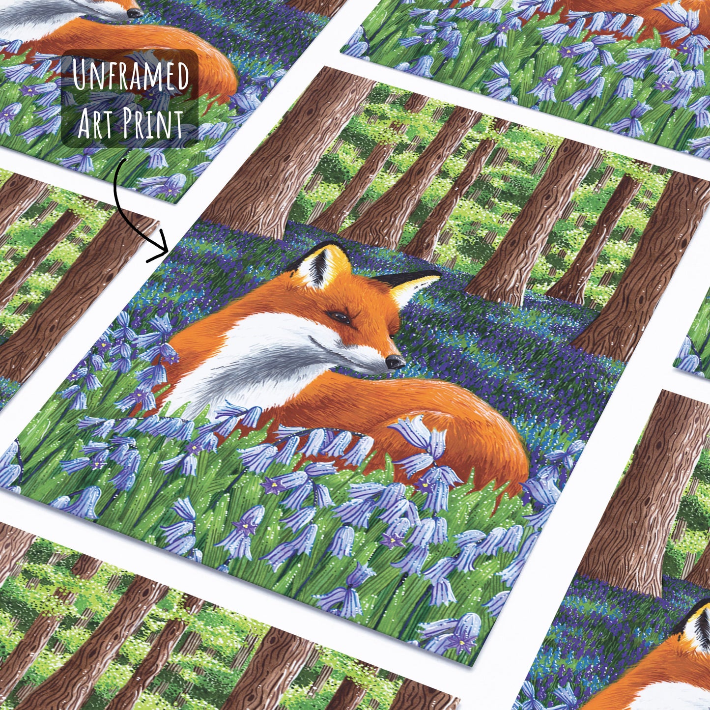 fox in woodland art print placed on a white surface.