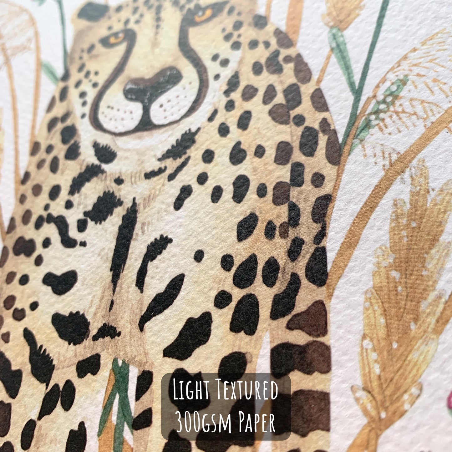 Golden Cheetah Art Print  close up showing the details and textures of the paper and illustration