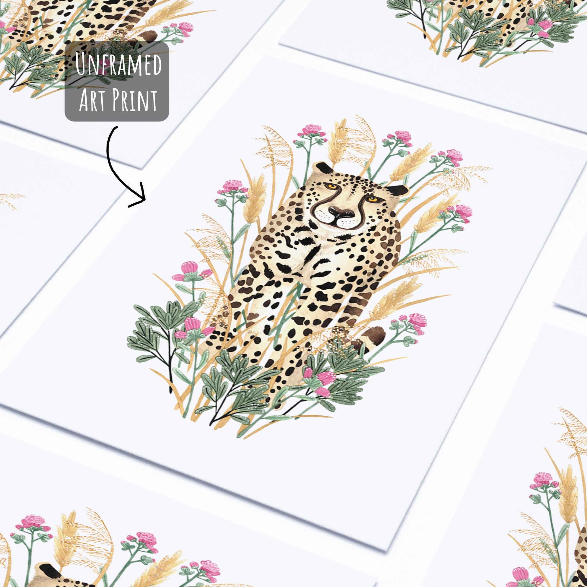 Golden Cheetah Art Print laying flat unframed on a white surface.