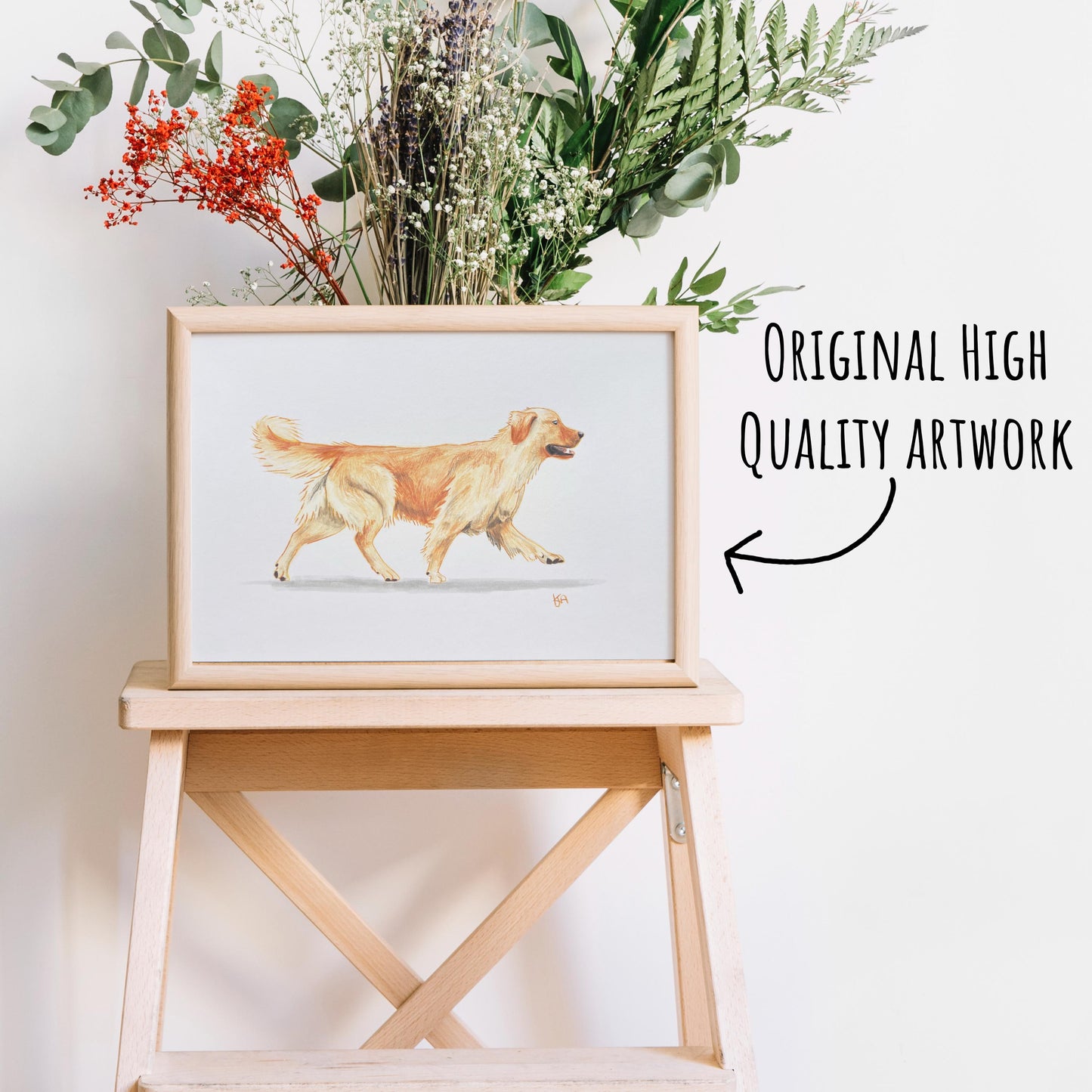 Original artwork of a golden retriever running on white background shown in a light pine wood frame (frame not included)