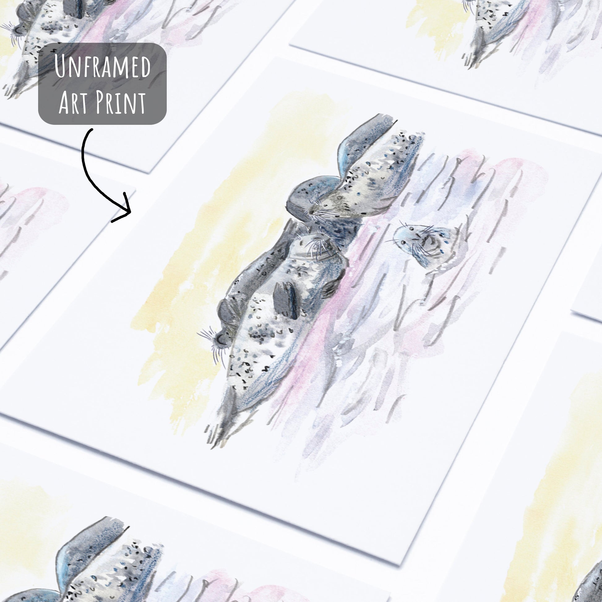 Grey Seal Art Print laying flat on a white surface.