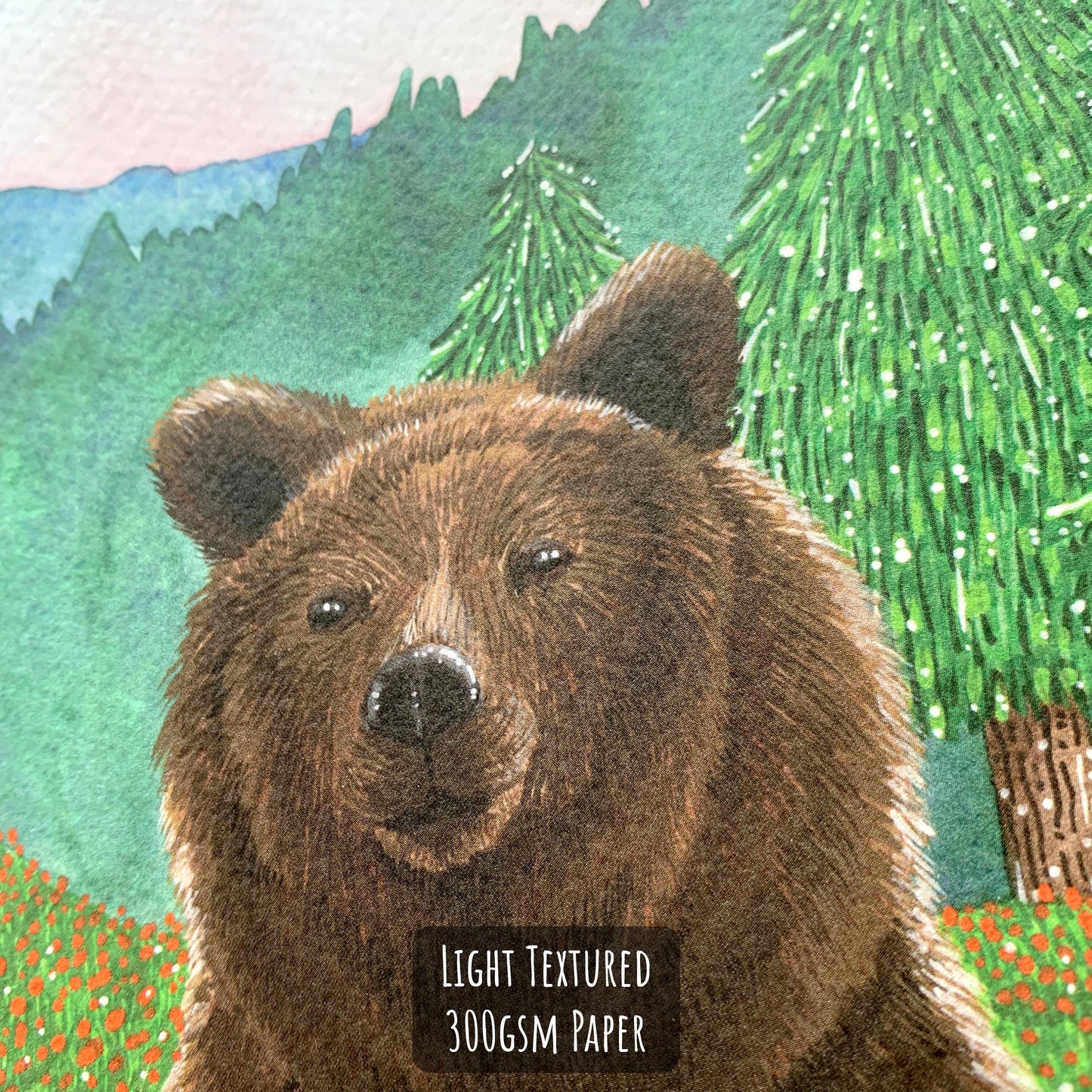 Grizzly Bear Art Print close up. showing the details and textures of the illustration and paper.