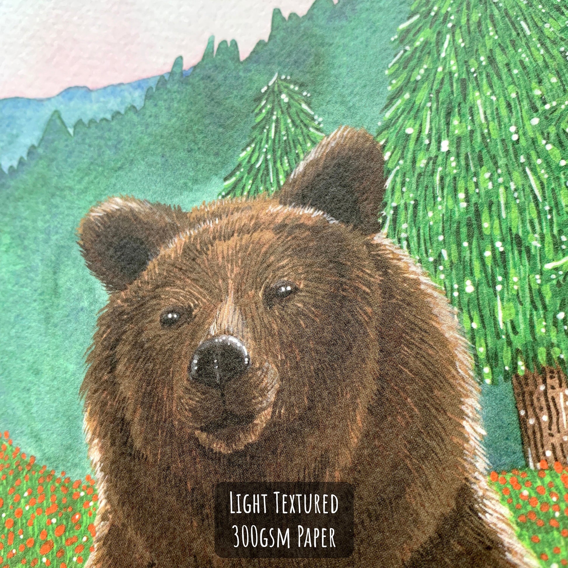Grizzly Bear Art Print close up. showing the details and textures of the illustration and paper.
