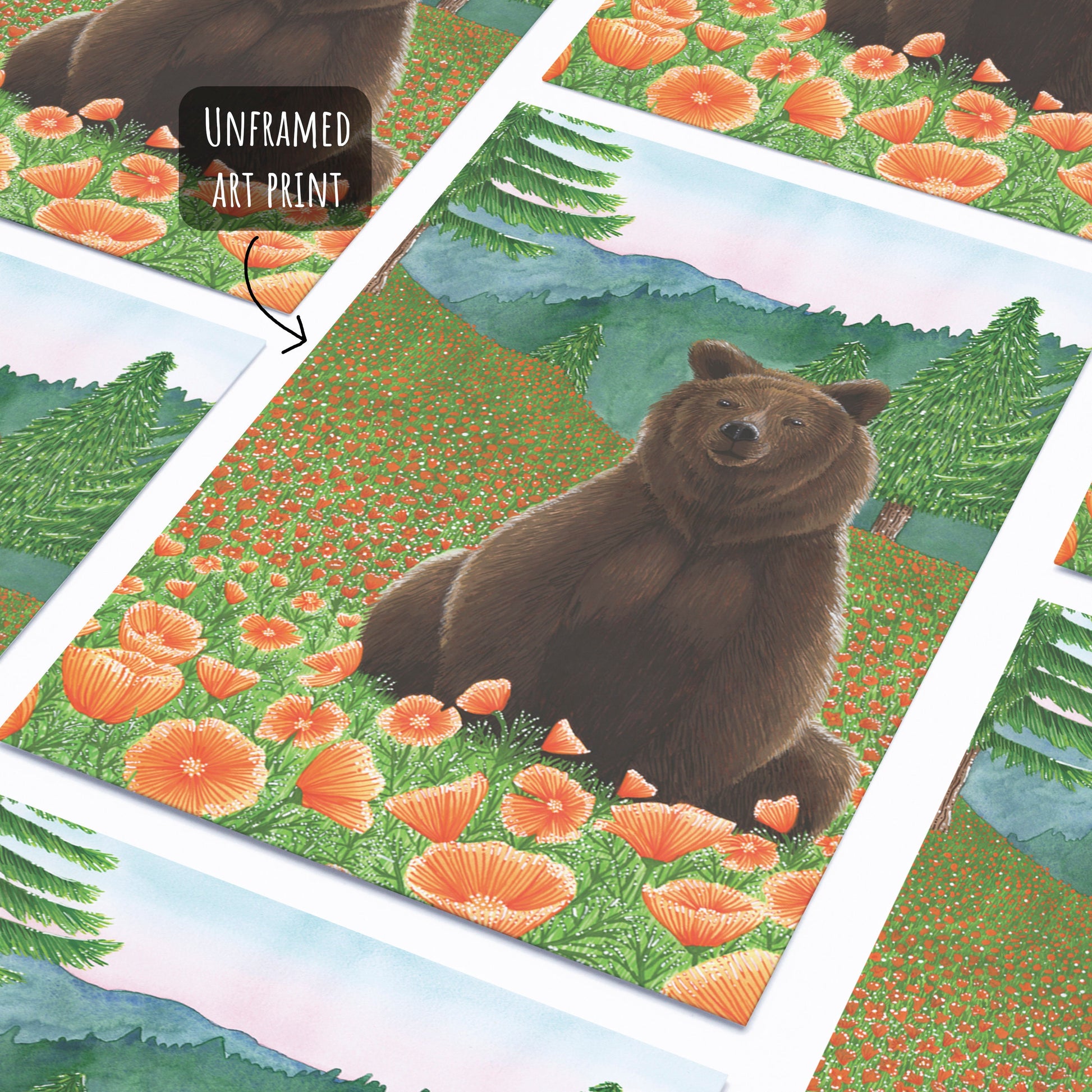 grizzly bear art print placed flat on a white surface.