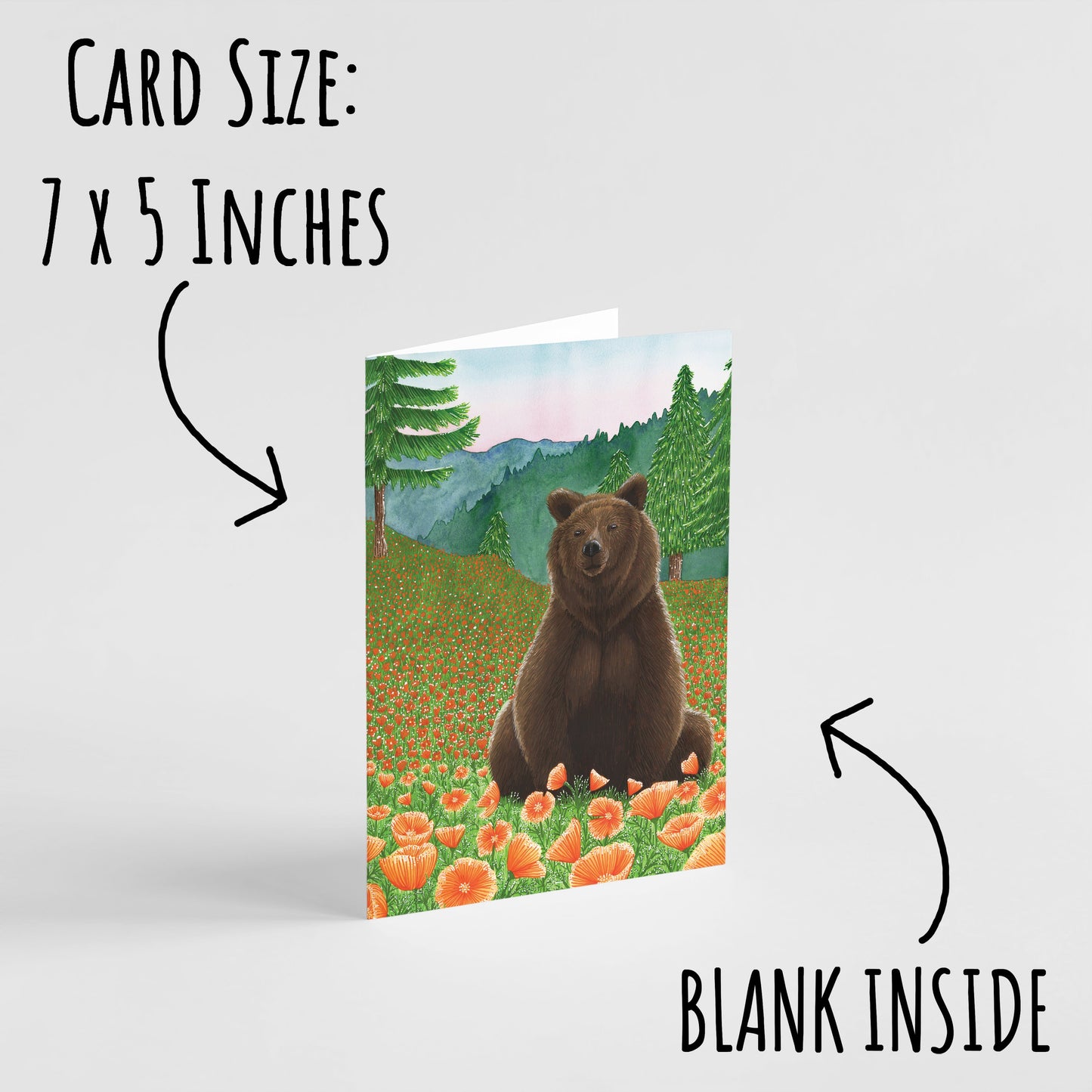 Grizzly Brown Bear Birthday card standing on. a pale grey background with the text card size: 7 x 5 & blank inside.