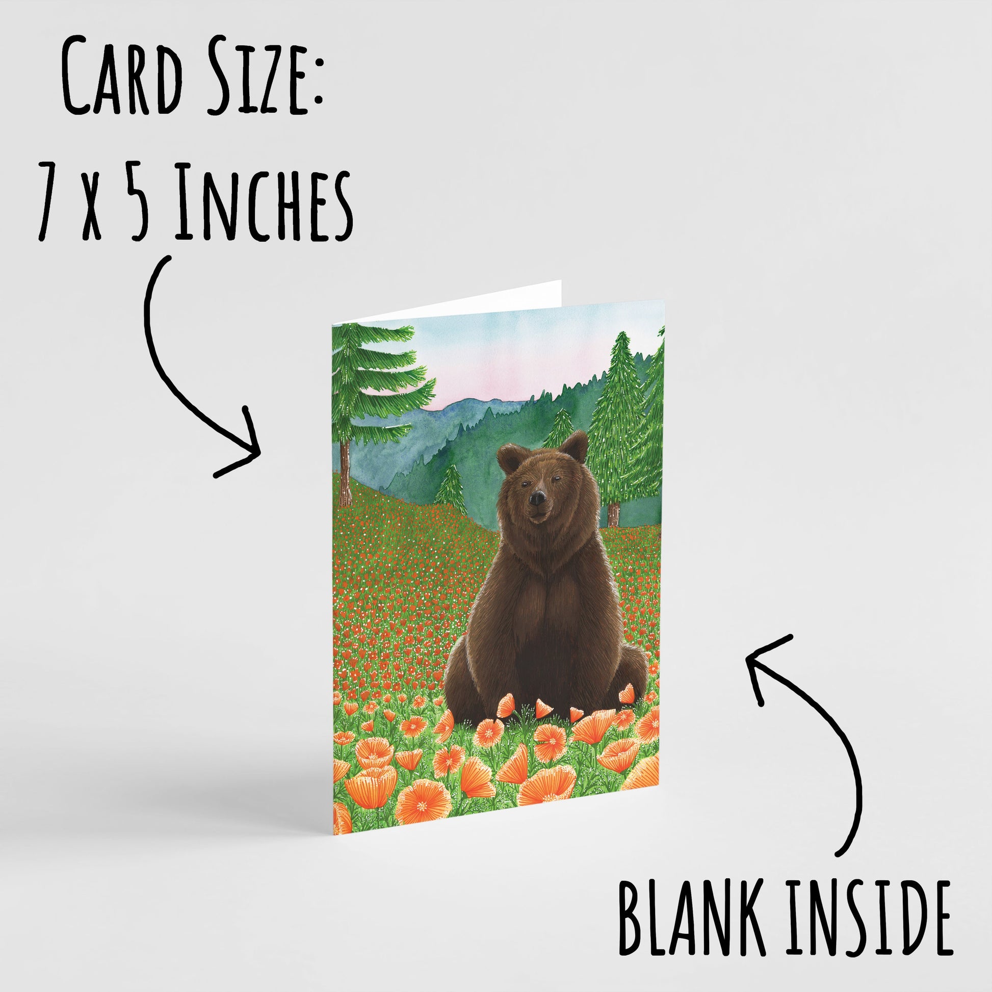 Grizzly Brown Bear Birthday card standing on. a pale grey background with the text card size: 7 x 5 & blank inside.