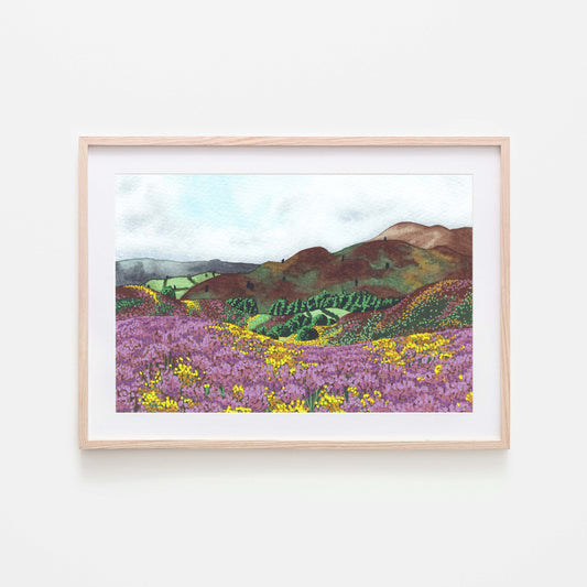 A framed art print depicting a vibrant English countryside landscape with heather fill hills and rolling contours.