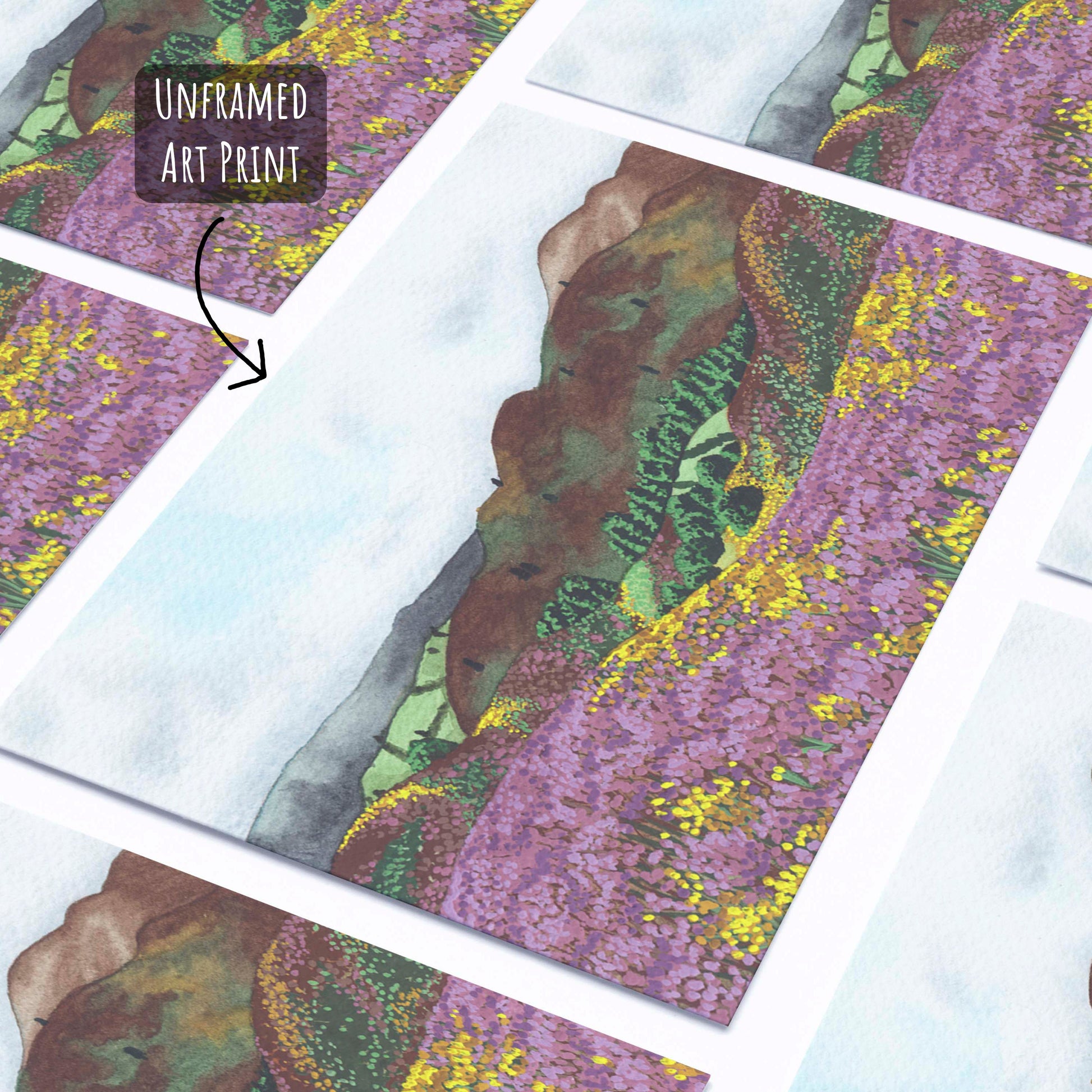Heather Hills Art Print laying flat on a white surface.