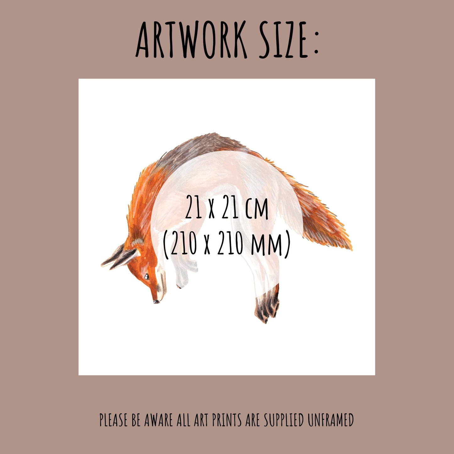 Jumping Red Fox Art Print showing the size which is 21cm x 21cm (210 x 210mm)