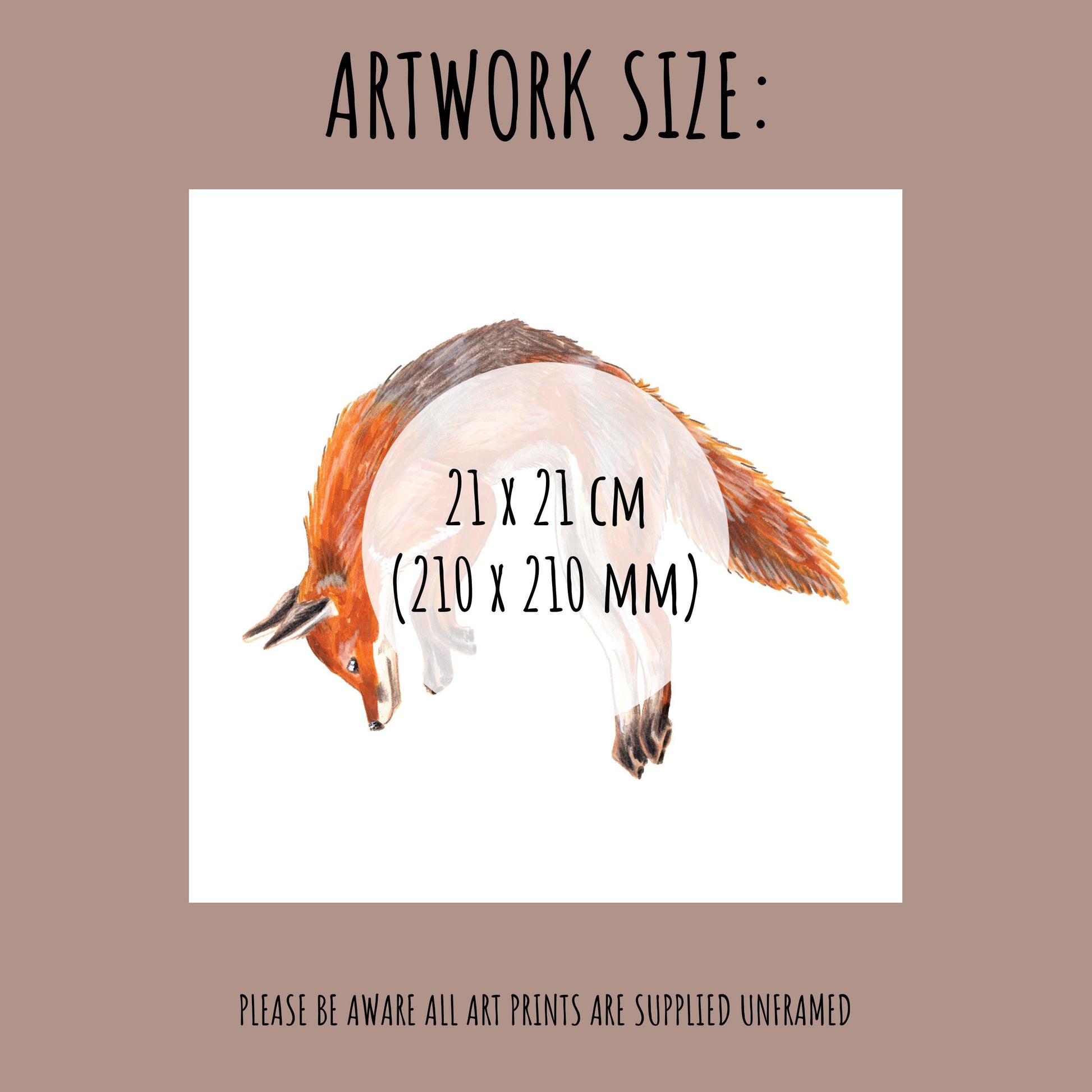 Jumping Red Fox Art Print showing the size which is 21cm x 21cm (210 x 210mm)
