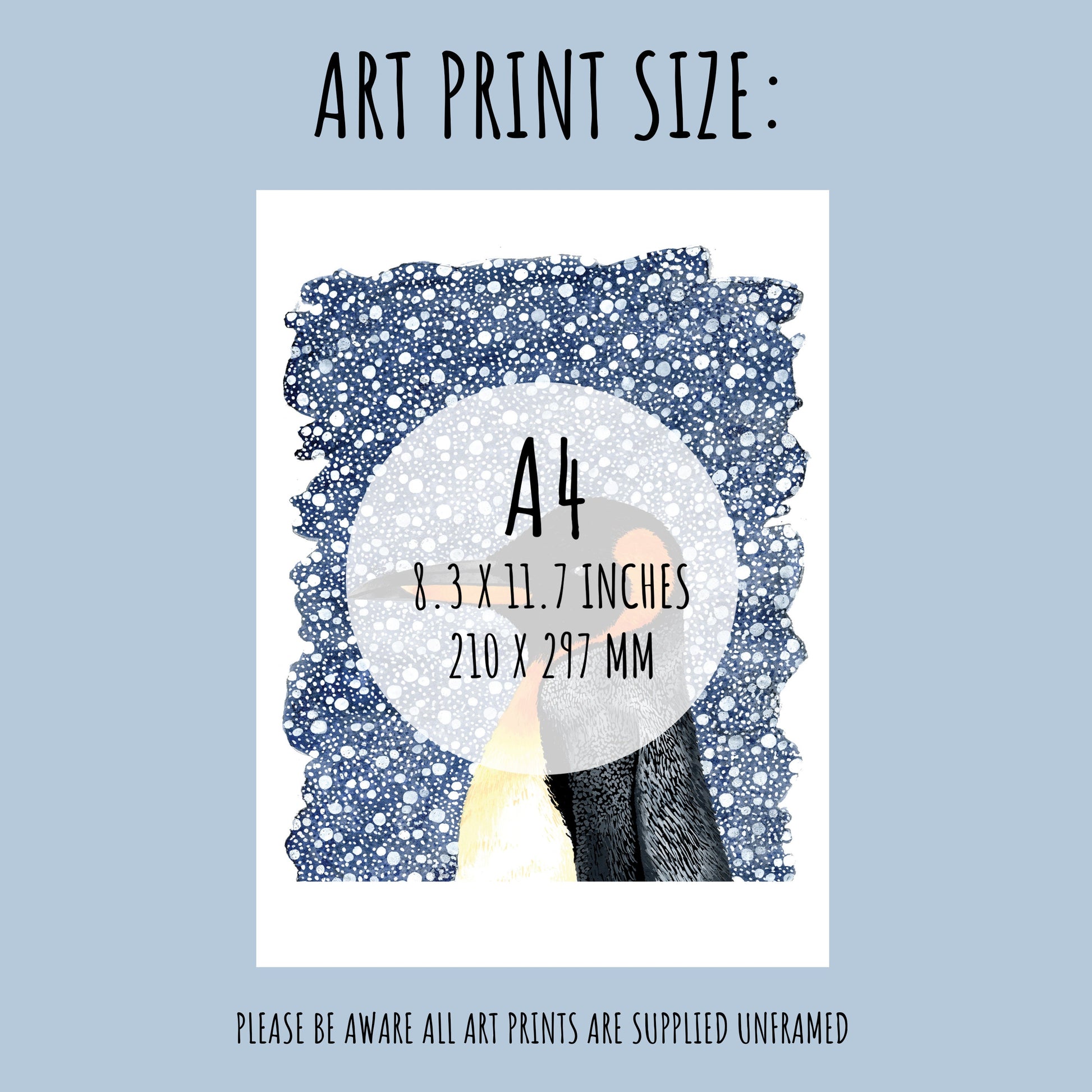 An image showing the size of the King Penguin art print, A4 (210 x 297 mm)