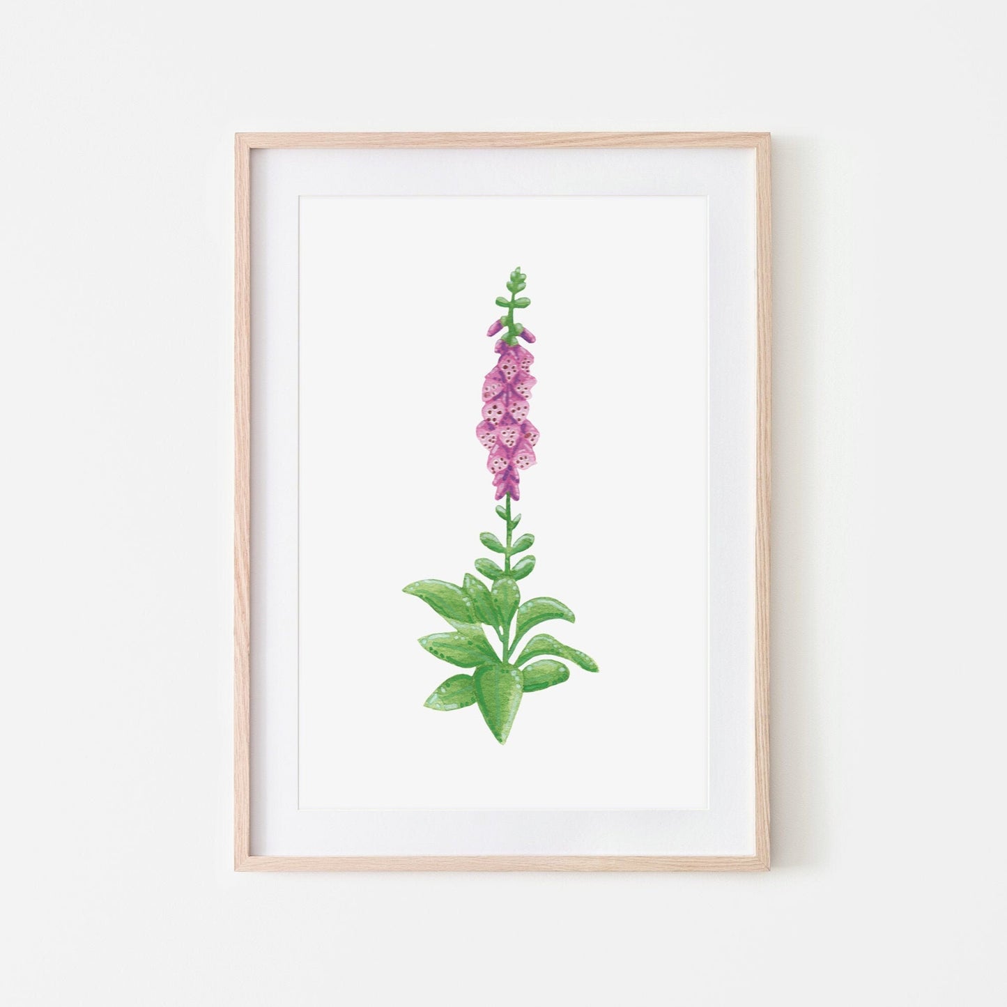 Original flower painting of a pink foxglove with flowers stem and leaves with picture mount included. painted in watercolour and gouache