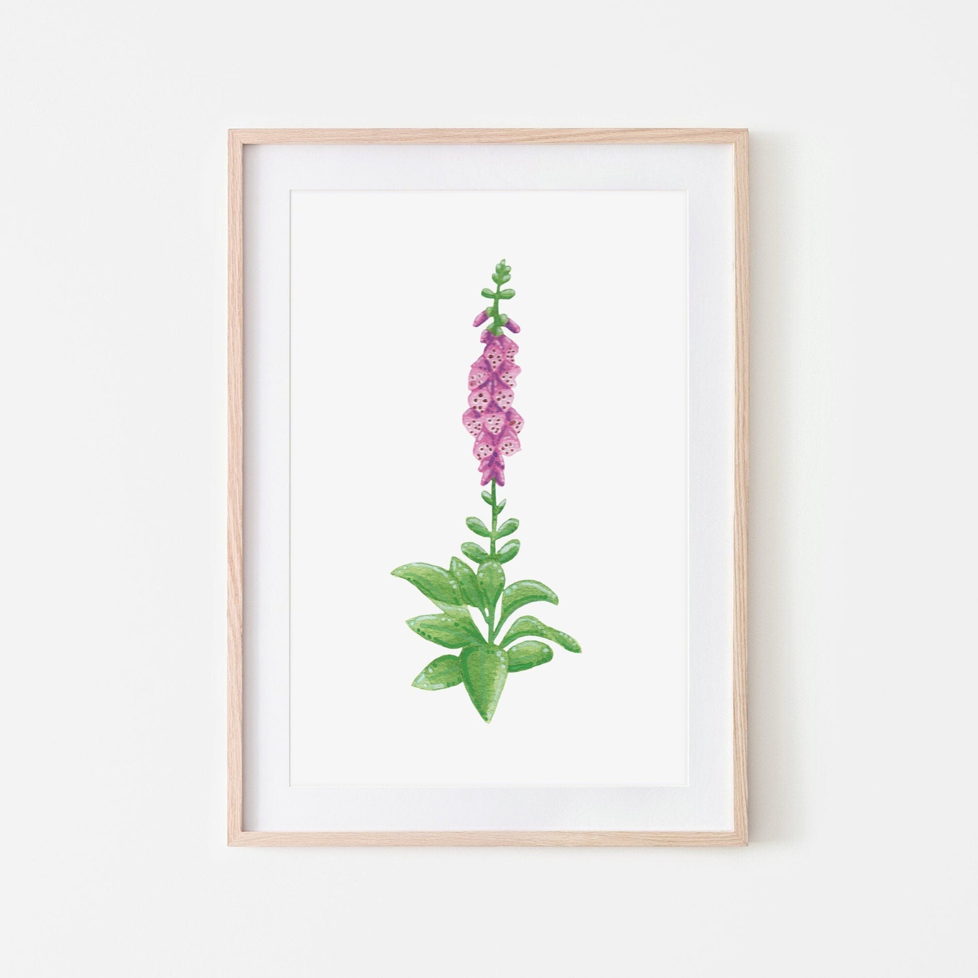 Original flower painting of a pink foxglove with flowers stem and leaves with picture mount included. painted in watercolour and gouache