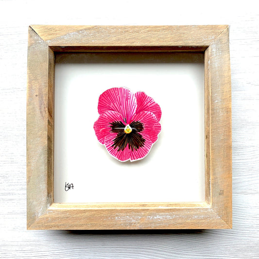 Hand painted pink and black pansy flower watercolour in a rustic washed effect box frame.