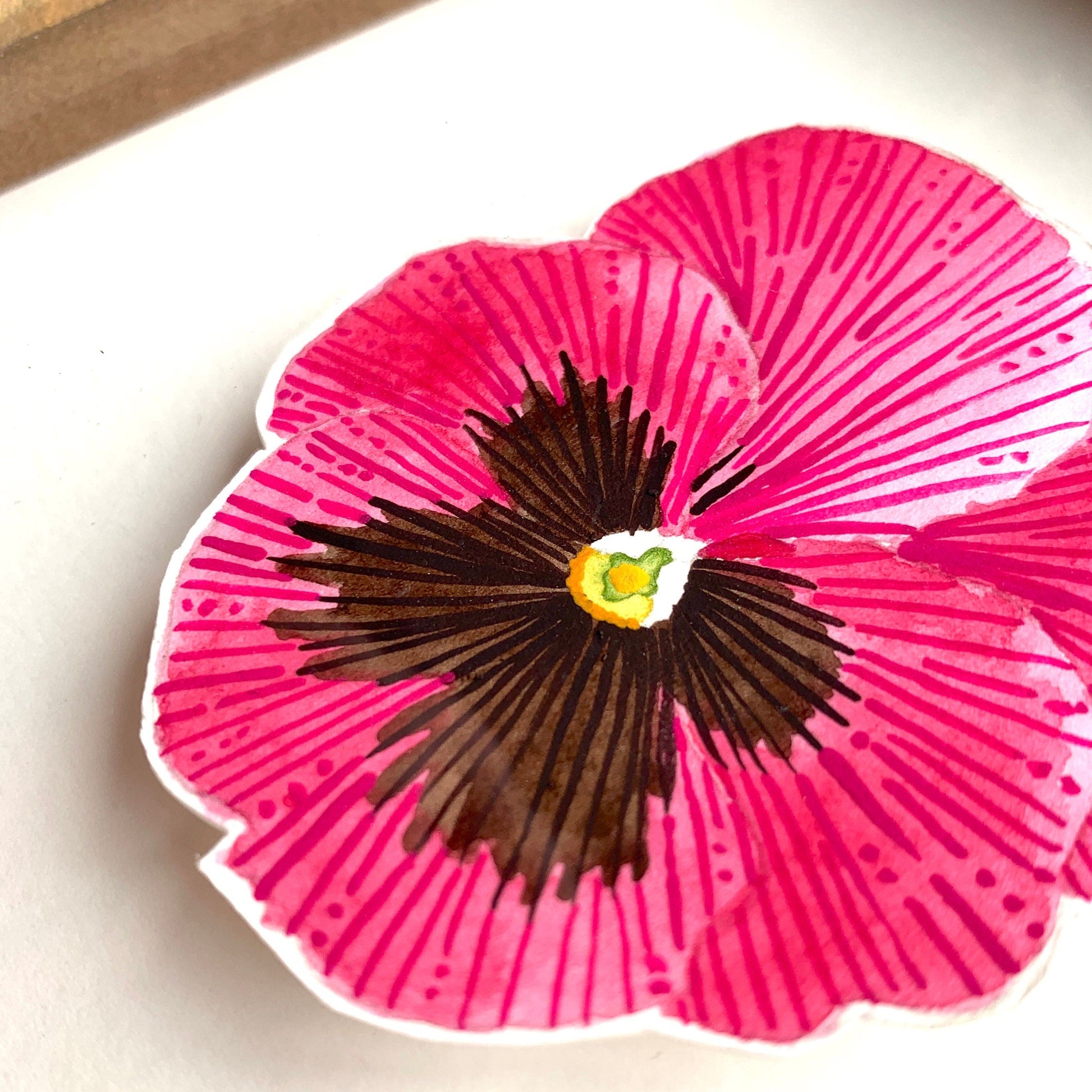 Pink and black pansy flower painting in rustic frame