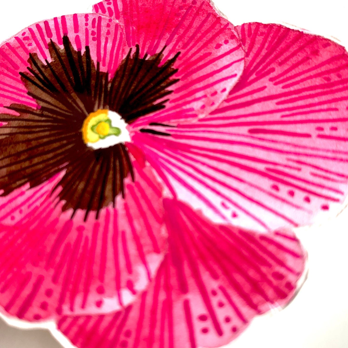 Close-up of a pink pansy flower painting with a black center on a white background