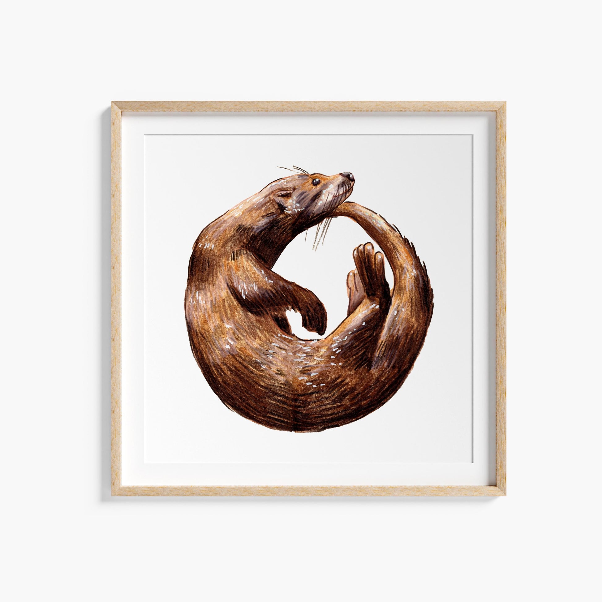 A square art print of an otter swimming in a circle, rendered in earthy brown tones on a white background, framed in a light wood frame.