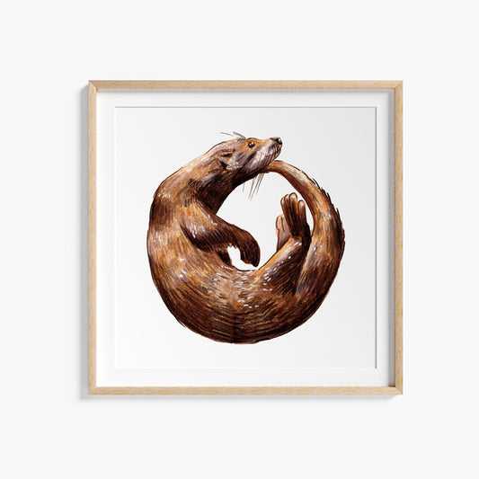 A square art print of an otter swimming in a circle, rendered in earthy brown tones on a white background, framed in a light wood frame.
