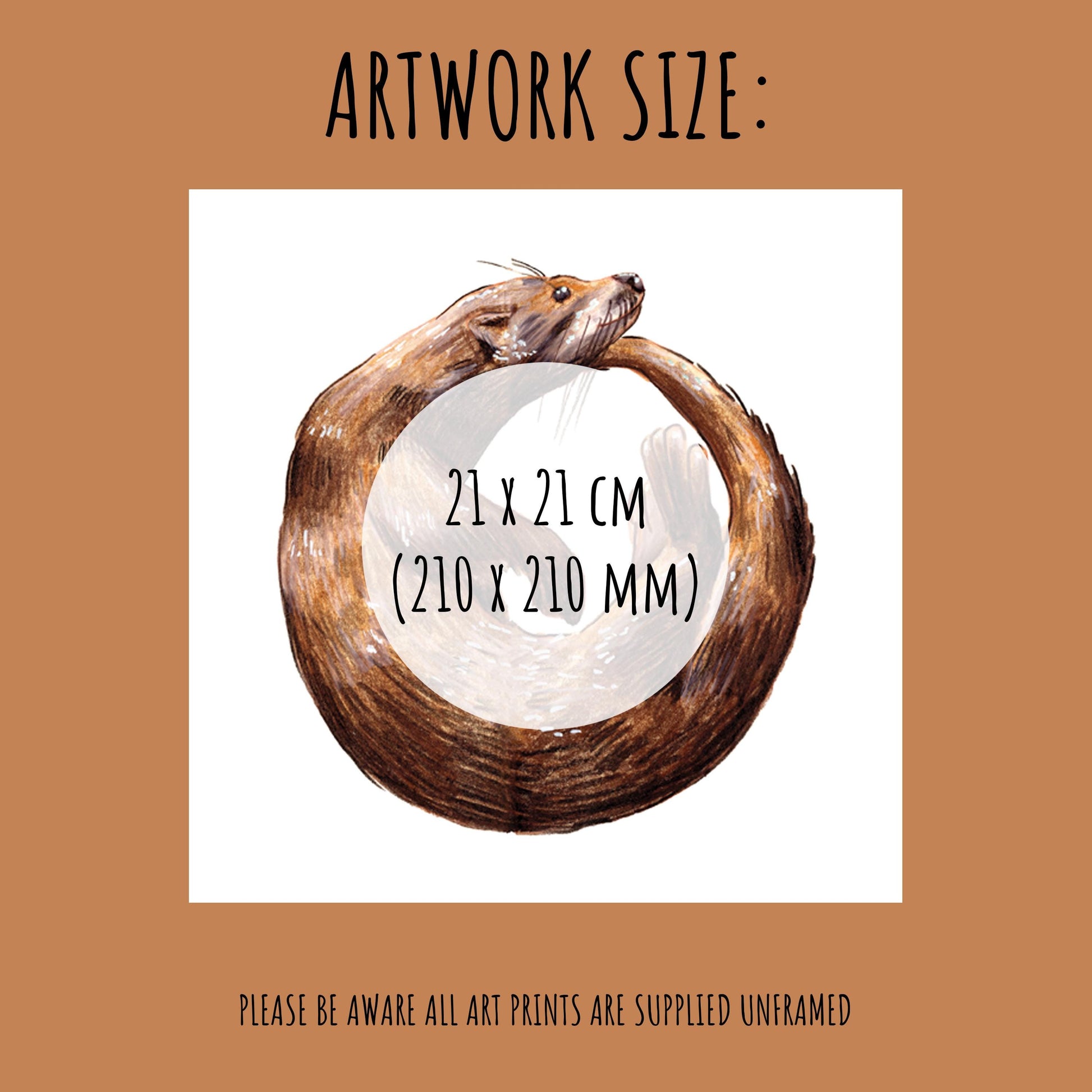showing the size of the Playful Otter Art Print, which is 21 x 21 cm (210mm x 210mm).