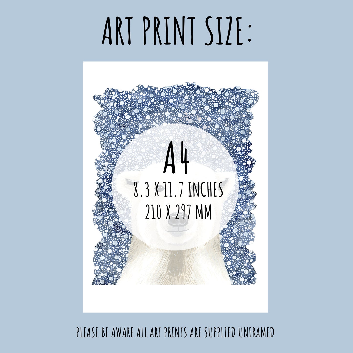 showing the size of the Polar Bear Art Print. A4 (210 x 297mm)