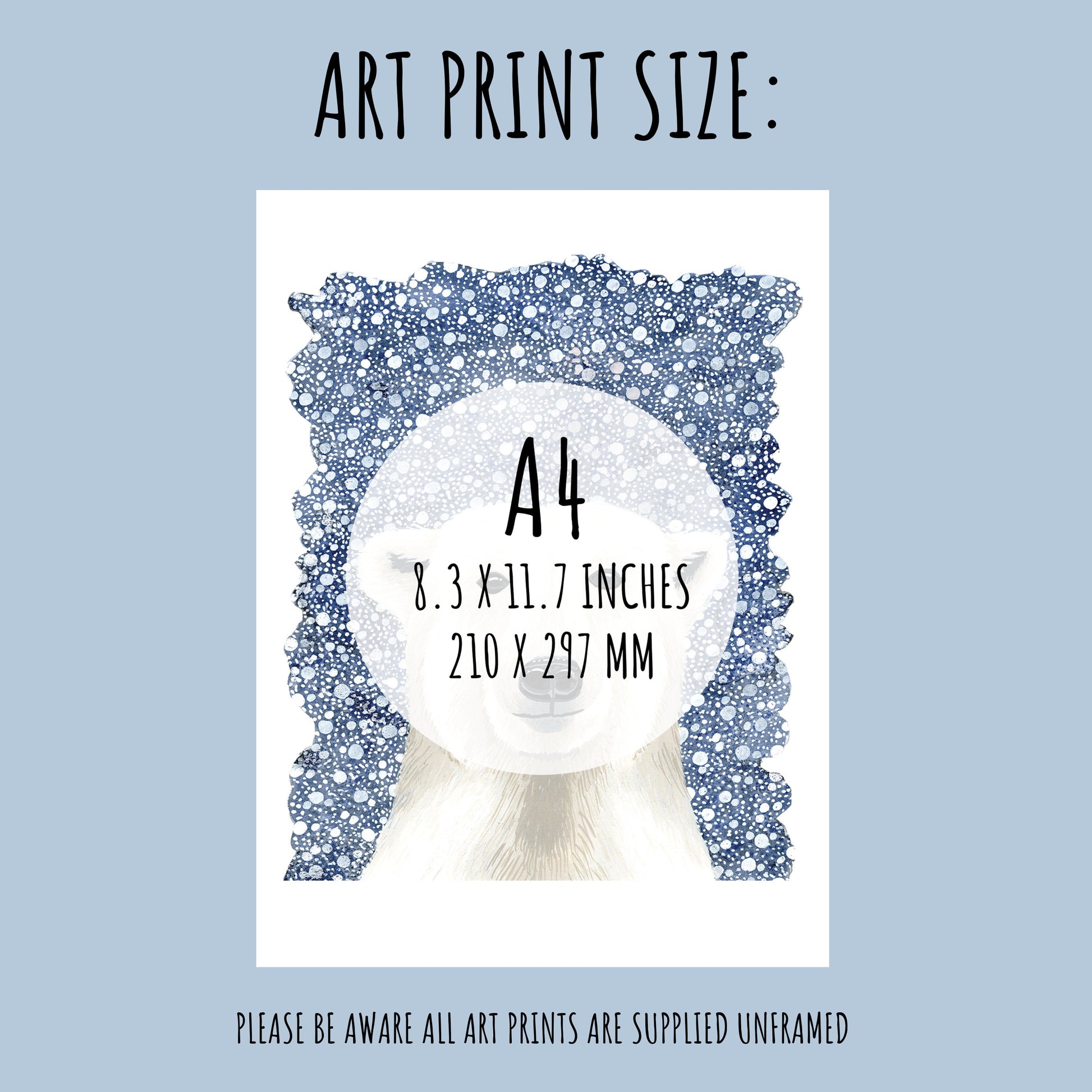 showing the size of the Polar Bear Art Print. A4 (210 x 297mm)
