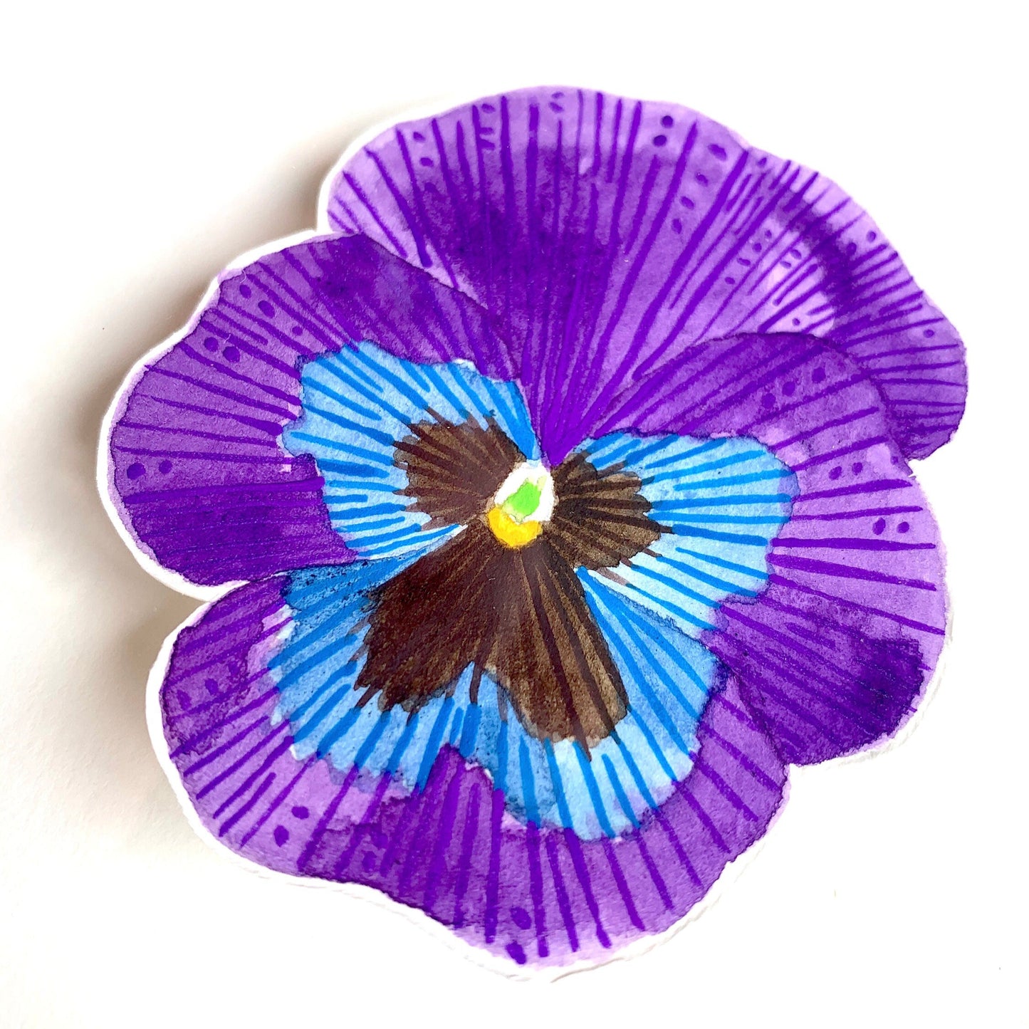 Close up of a pansy painting showing the colourful flower-shape with purple, blue, and black colours on a white background.