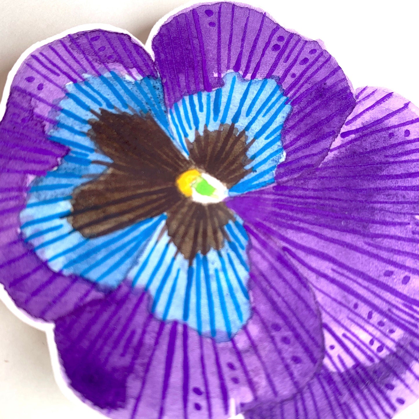 Artistic depiction of a purple flower with blue center on a white background