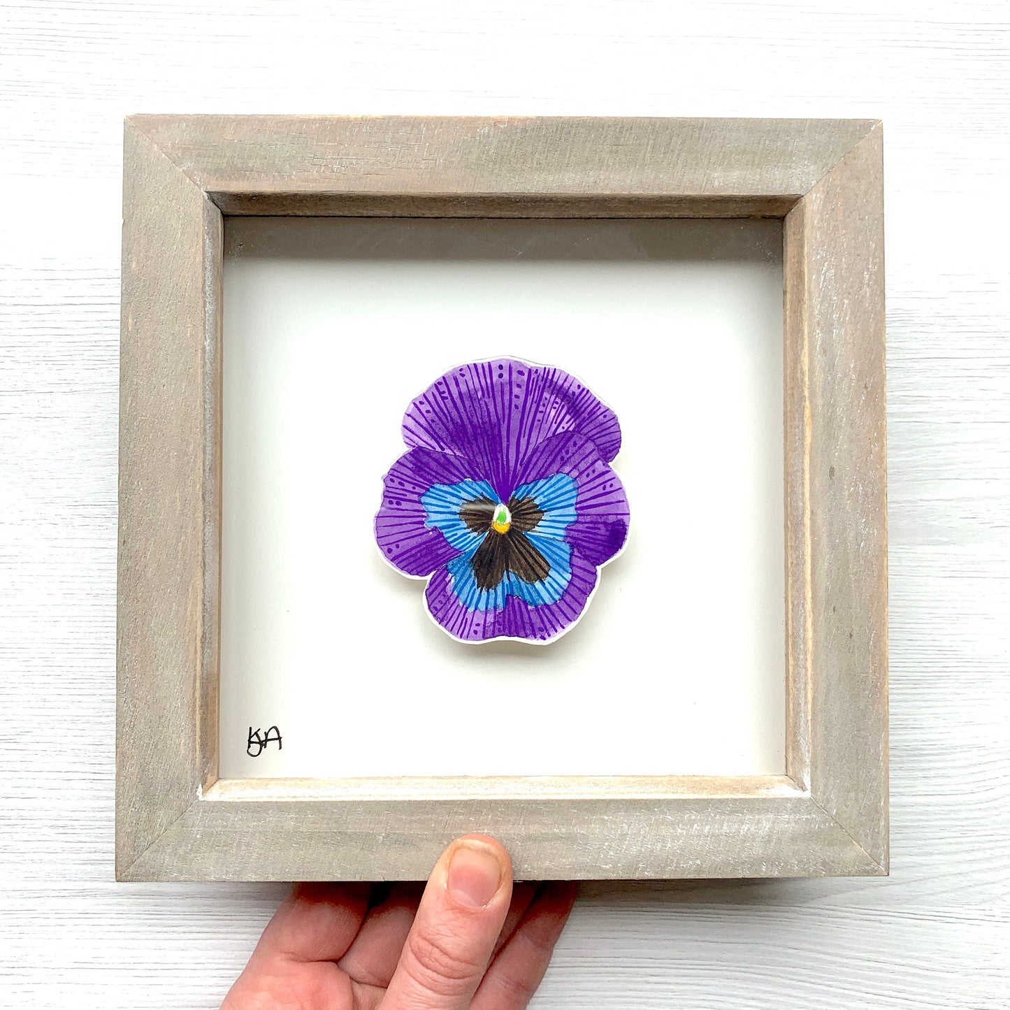 Framed artwork of a purple pansy flower held by a hand on a white background